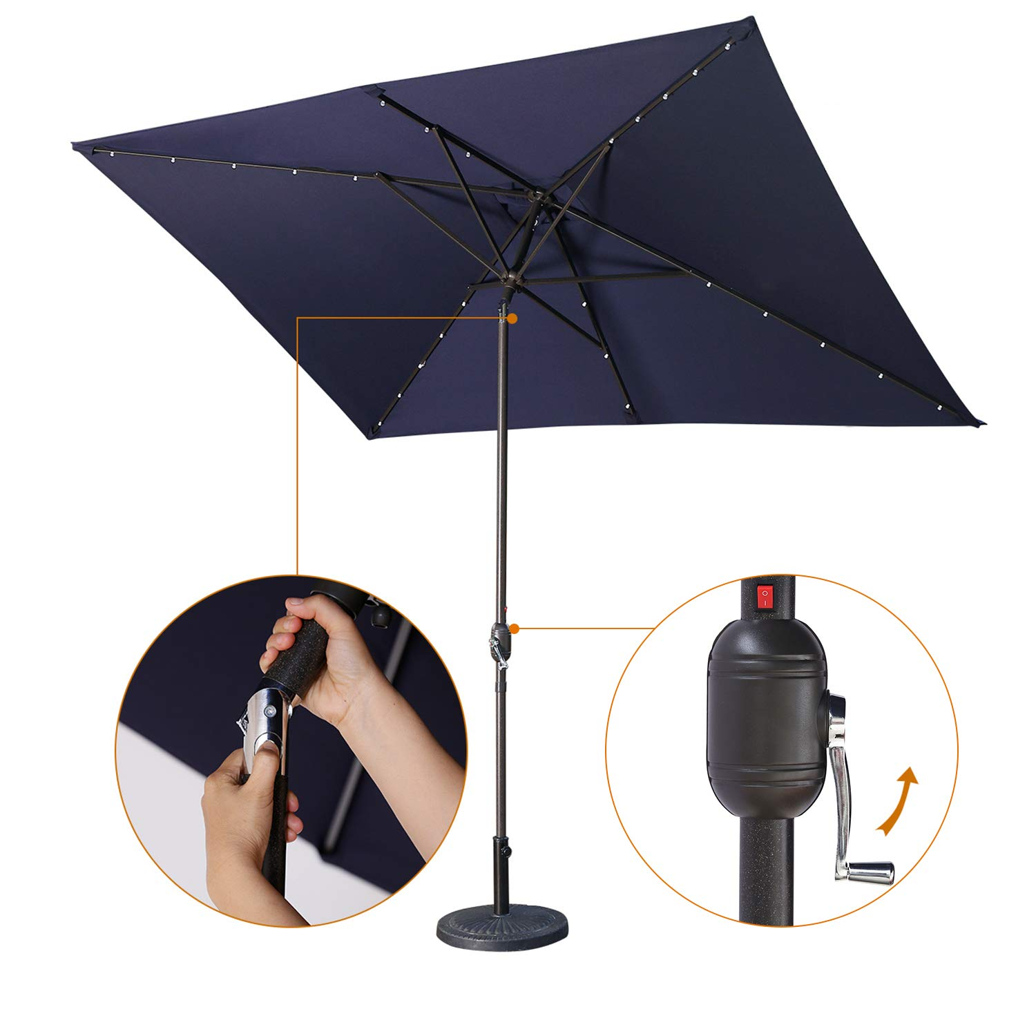 Waterproof Rectangular Patio Umbrella And Solar Lights 6.5 Ft. X 10 Ft.26 Led Lights, Push Button Tilt, Crank In Navy Blue Navy Blue Aluminum