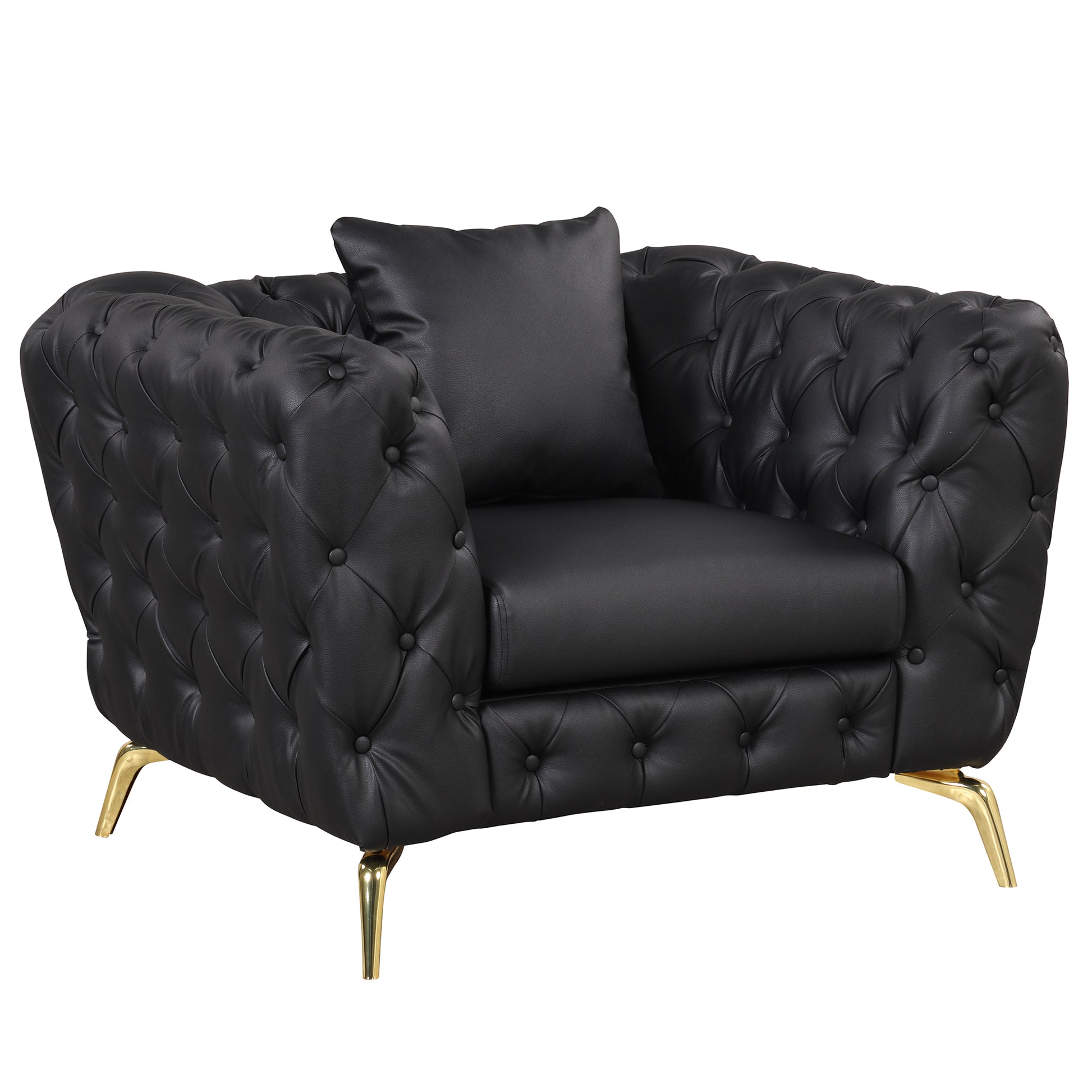 Modern 3 Piece Sofa Sets With Sturdy Metal Legs, Button Tufted Back, Pu Upholstered Couches Sets Including Three Seat Sofa, Loveseat And Single Chair For Living Room Furniture Set, Black Black Foam Pu