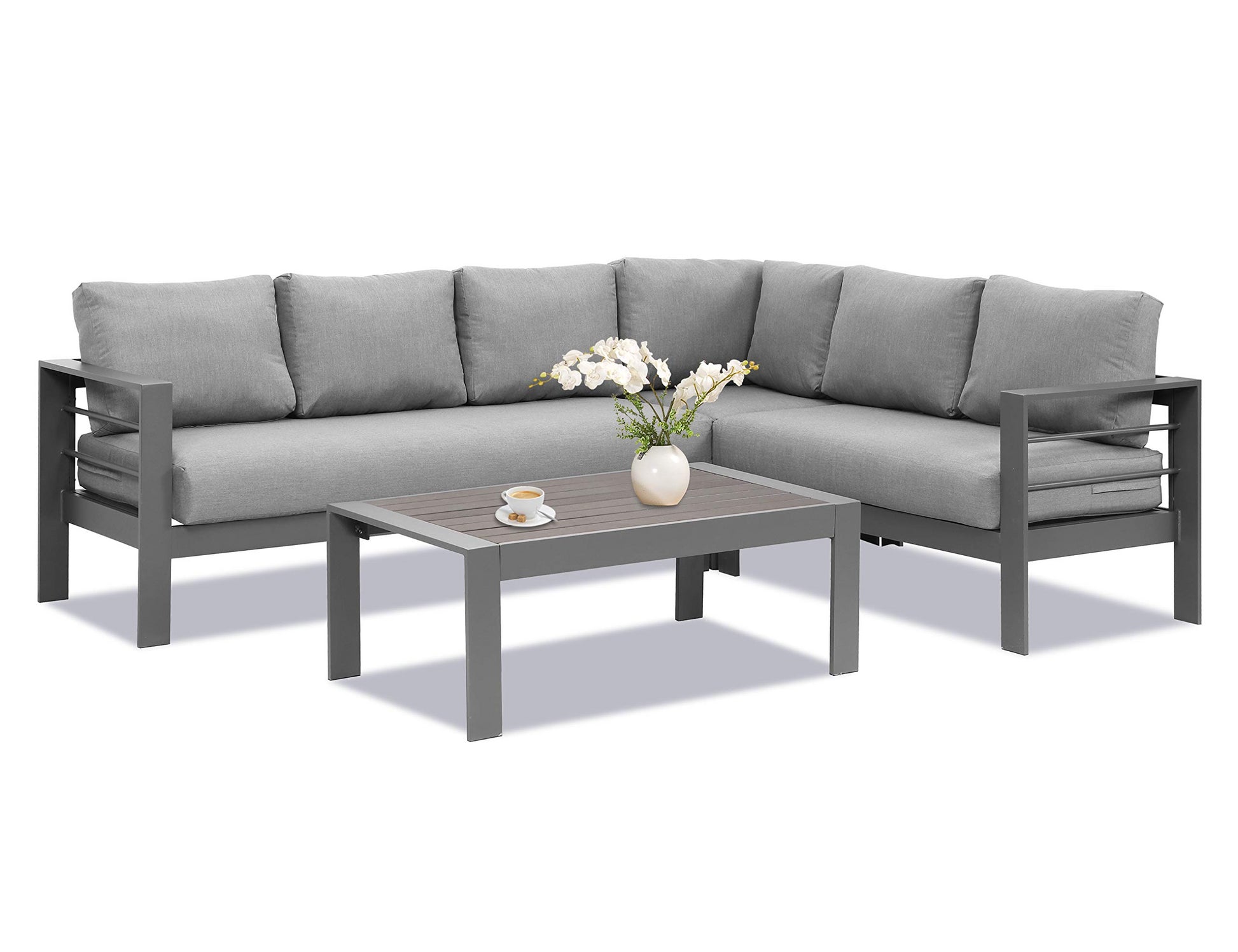 3 Pieces Outdoor All Weather Conversation Setsectional Sofa, Corner Sofas, Grey Aluminum With Dark Grey Cushions Dark Grey Aluminum