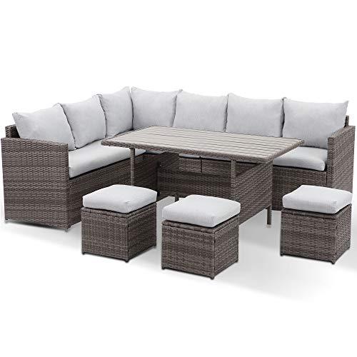 7 Pieces Pe Rattan Wicker Patio Dining Sectional Cusions Sofa Set With Grey Cushions Grey Wicker