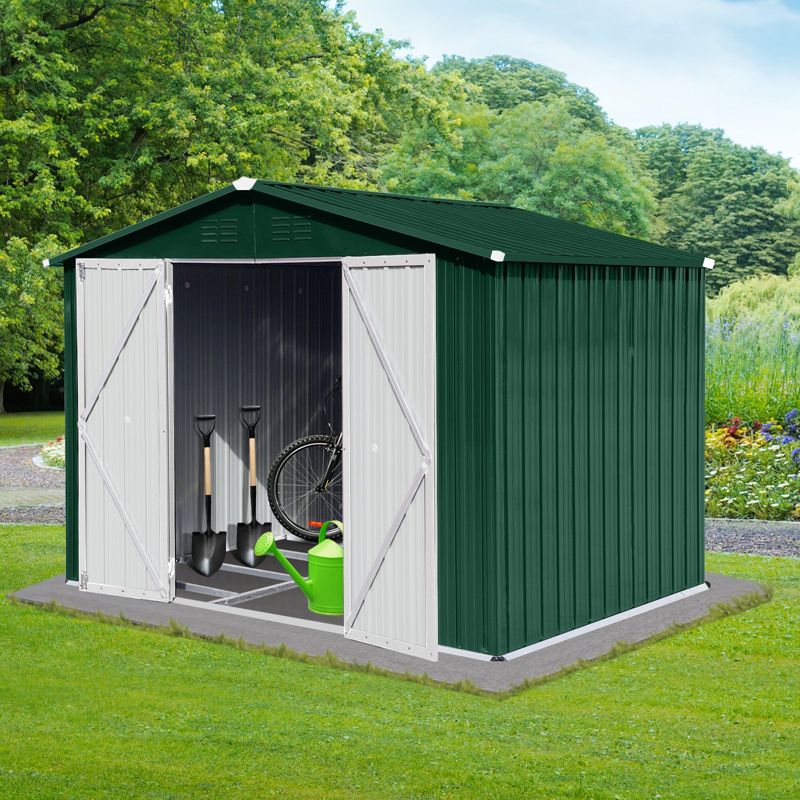 Metal Garden Sheds 6Ftx8Ft Outdoor Green White Green Metal