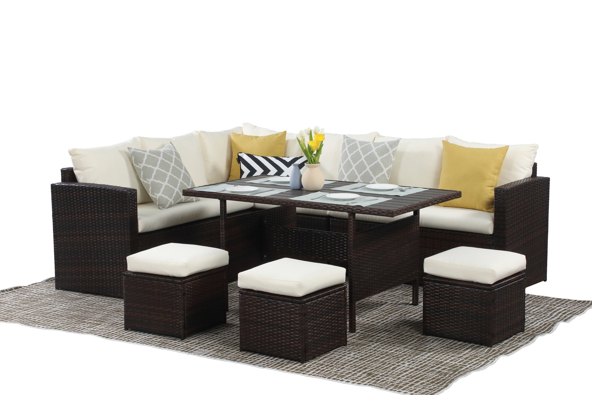 7 Pieces Pe Rattan Wicker Patio Dining Sectional Cusions Sofa Set With Ivory Cushions Ivory Wicker