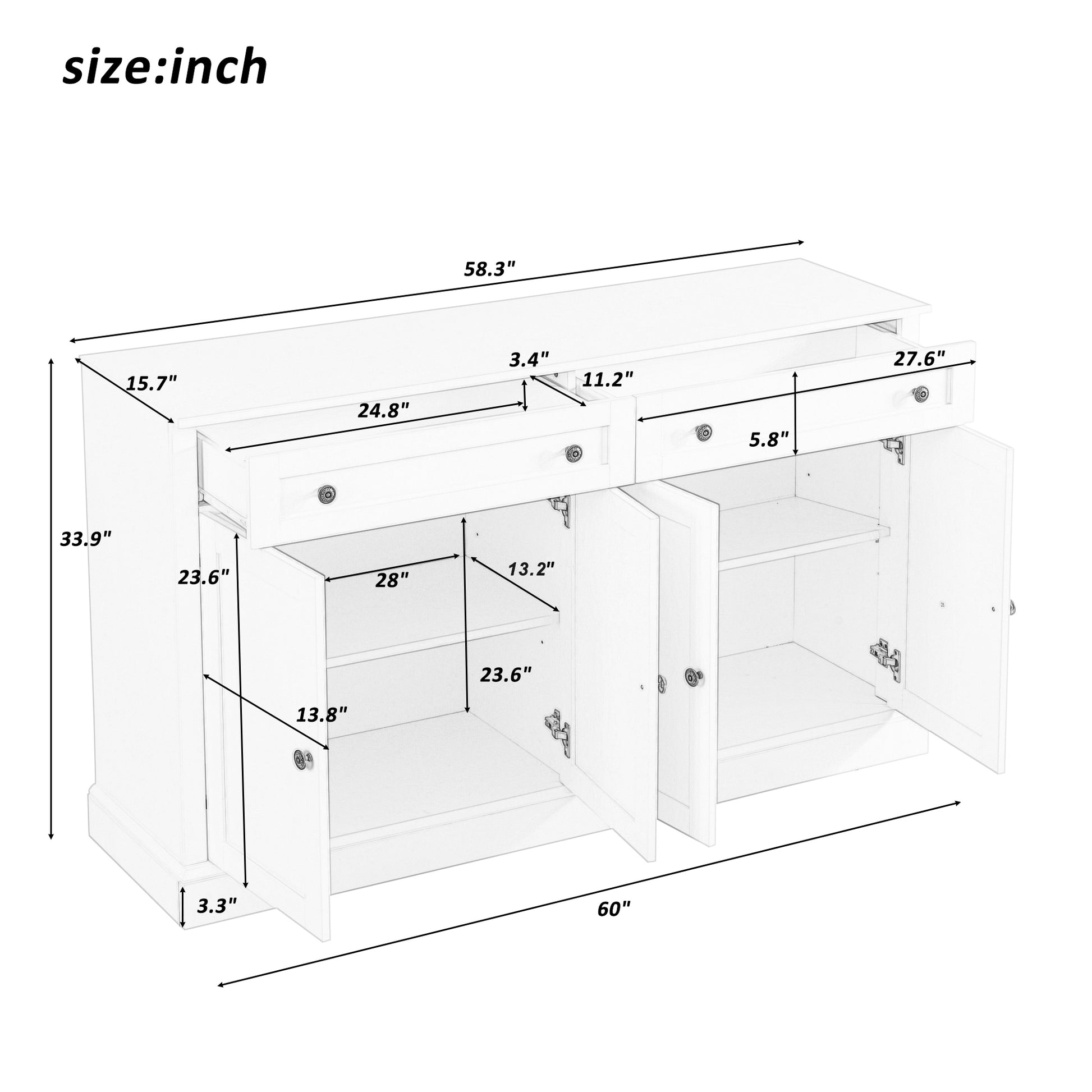 Kitchen Sideboard Storage Buffet Cabinet With 2 Drawers & 4 Doors Adjustable Shelves For Dining Room, Living Room White White Particle Board