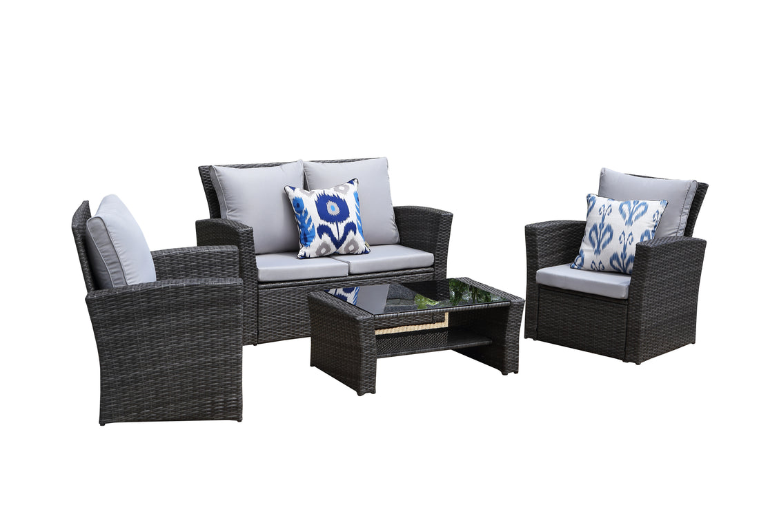 4 Pieces Pe Rattan Wicker Outdoor Patio Furniture Set With Grey Cushions Grey Wicker