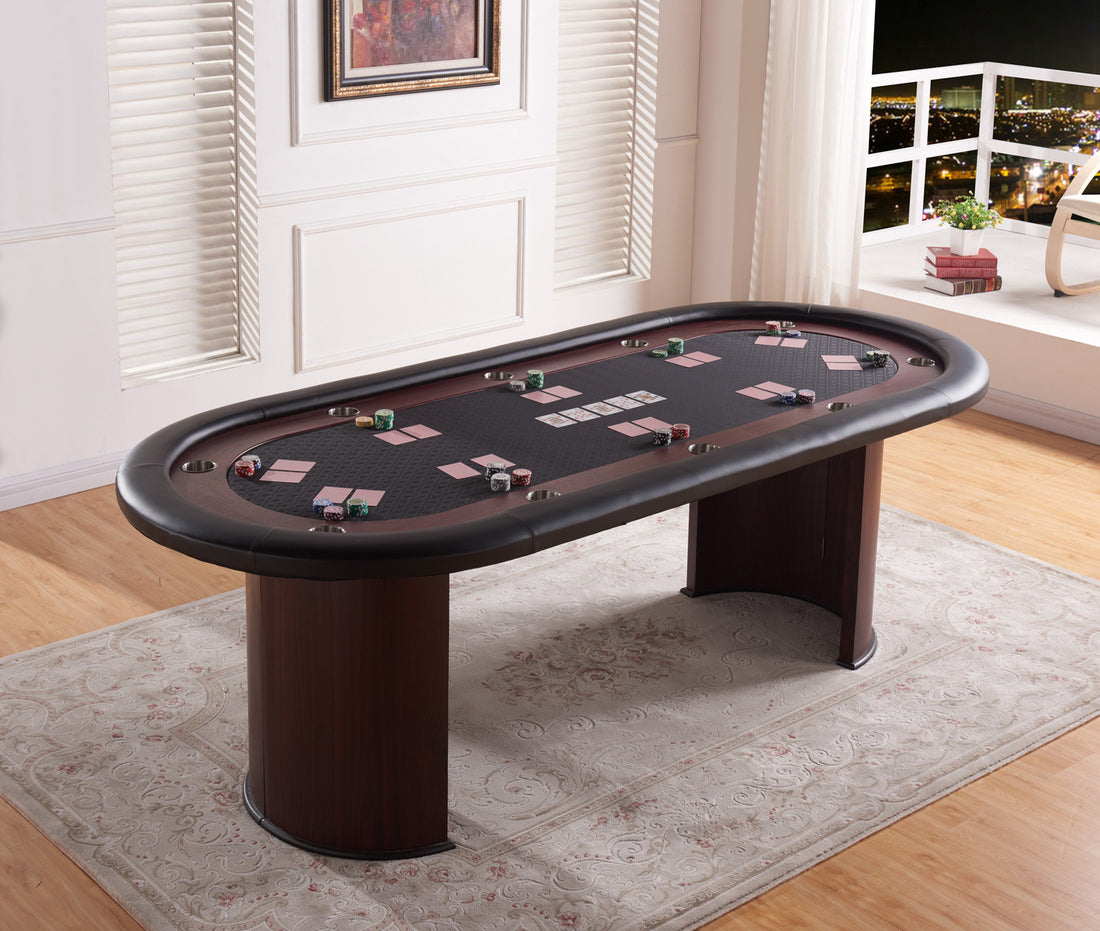 96Inch Oval 10 Players Black Speed Cloth Surface Red Racetrack Luna Wooden Legs Poker Table Black Red Wood