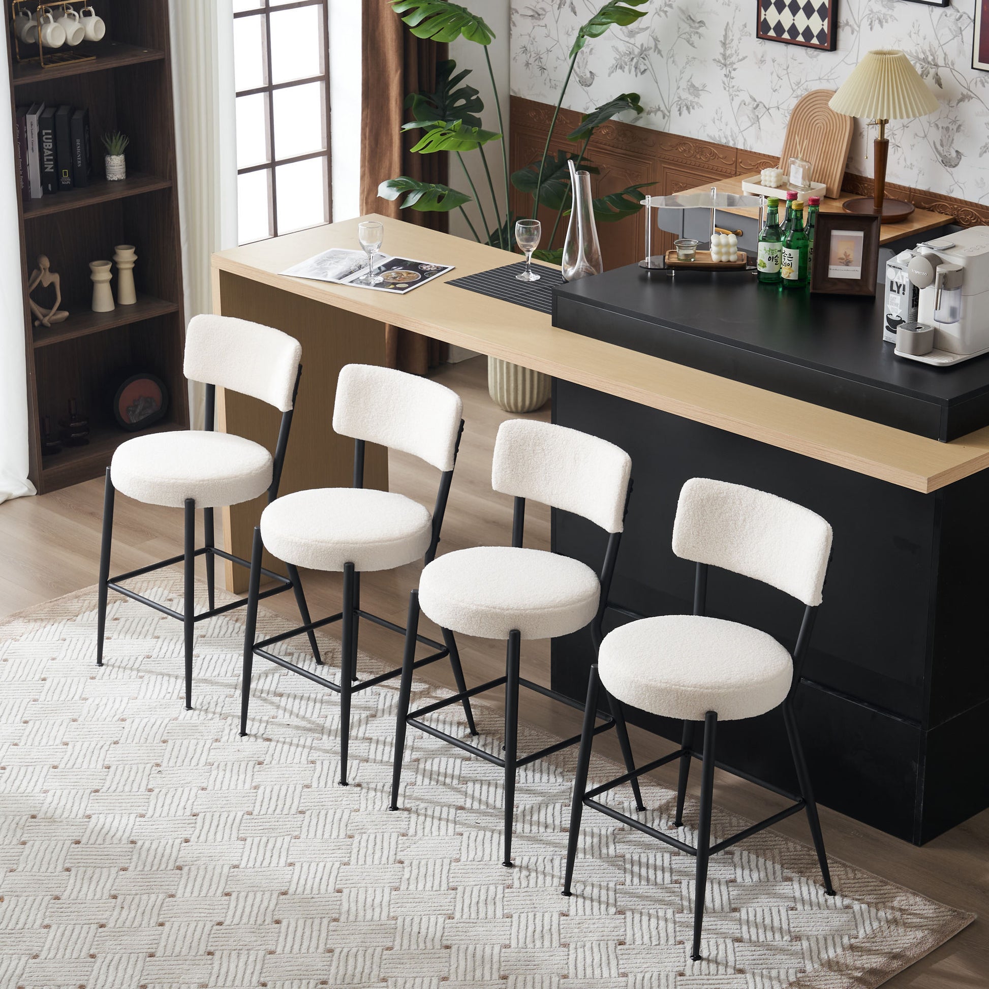 Set Of 2 Modern Teddy Fabric Upholstered Bar Stools Metal Base High Stool Suitable For Kitchen, Dining And Living Room Beige Stylish And Comfortable Island Seating Beige Metal