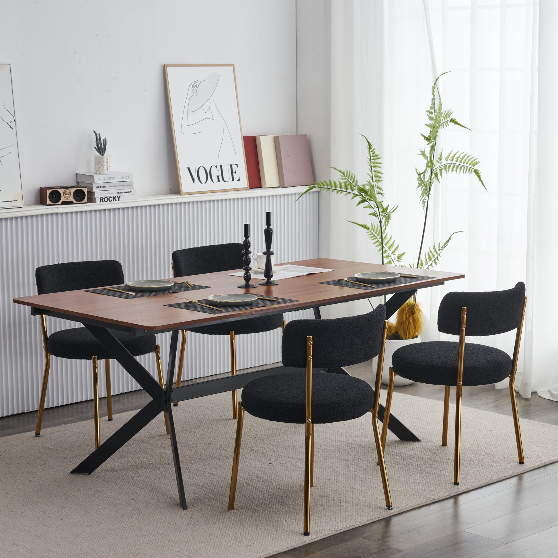 Set Of 2 Mid Century Modern Dining Chairs Teddy Fabric Upholstery Curved Back Metal Frame Black Elegant And Comfortable Kitchen Chairs Black Metal