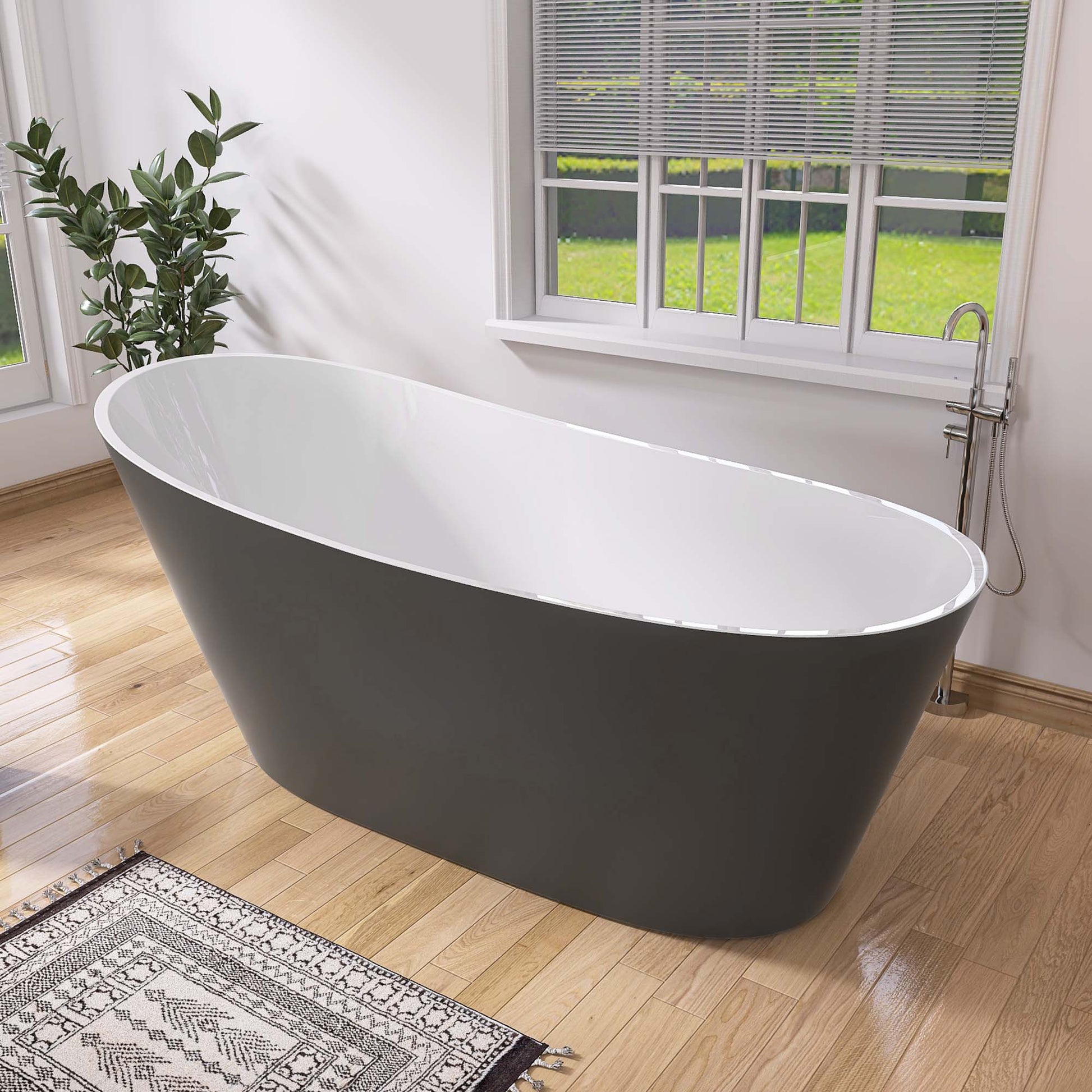 59" Acrylic Freestanding Bathtub Matte Grey Modern Stand Alone Soaking Bathtub, Brushed Nickel Drain And Minimalist Linear Design Overflow Included White Gray Oval Bathroom Freestanding Tubs Matte 59 61 In Contemporary,Modern,Vintage Soaking Center Front
