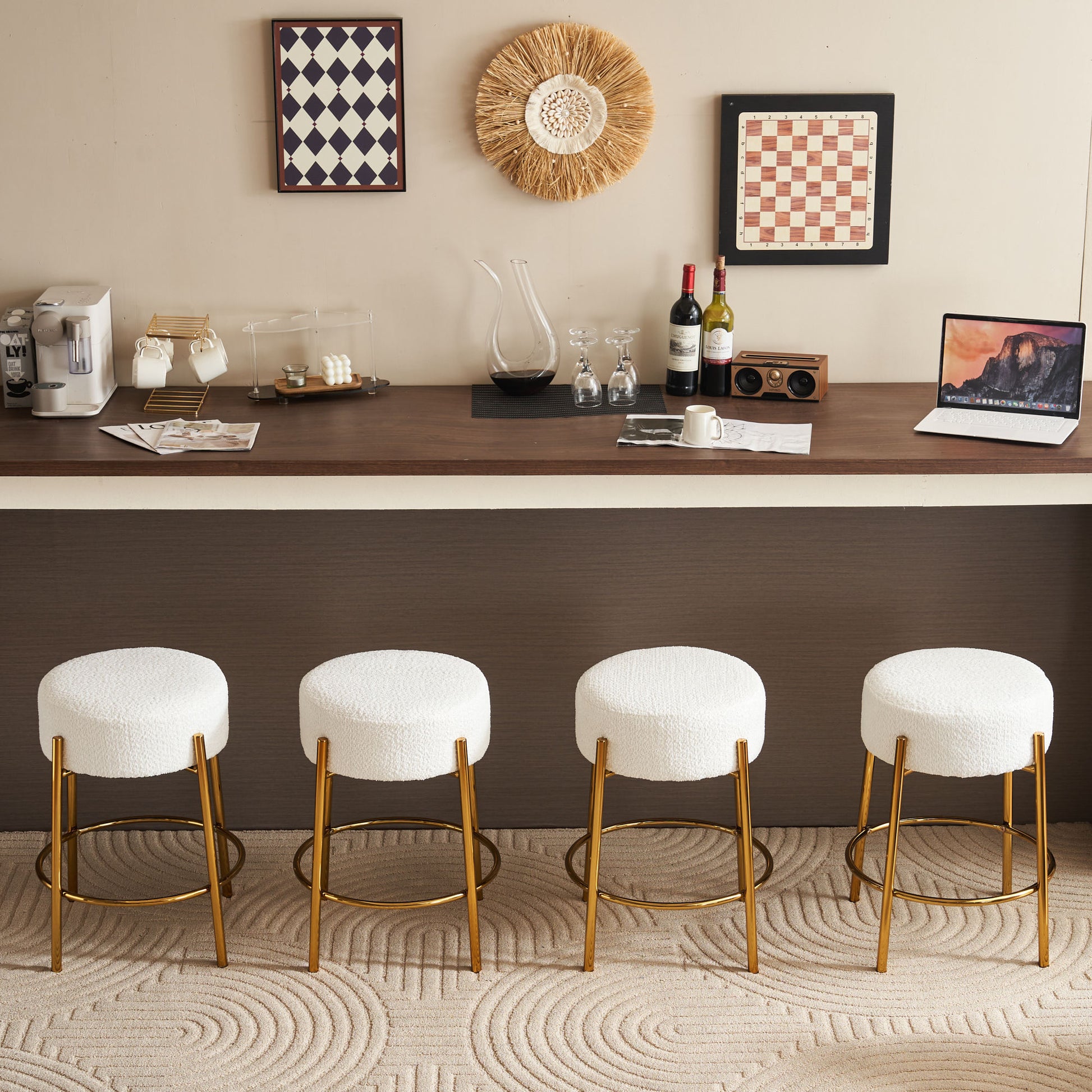 24" Tall, Round Bar Stools, Set Of 2 Contemporary Upholstered Dining Stools For Kitchens, Coffee Shops And Bar Stores Includes Sturdy Hardware Support Legs Beige Foam
