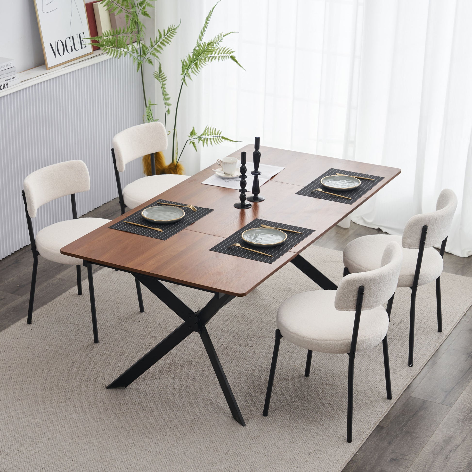 Set Of 2 Mid Century Modern Dining Chairs Teddy Fabric Upholstered Curved Back Metal Frame Beige Elegant And Comfortable Kitchen Chairs Beige Metal