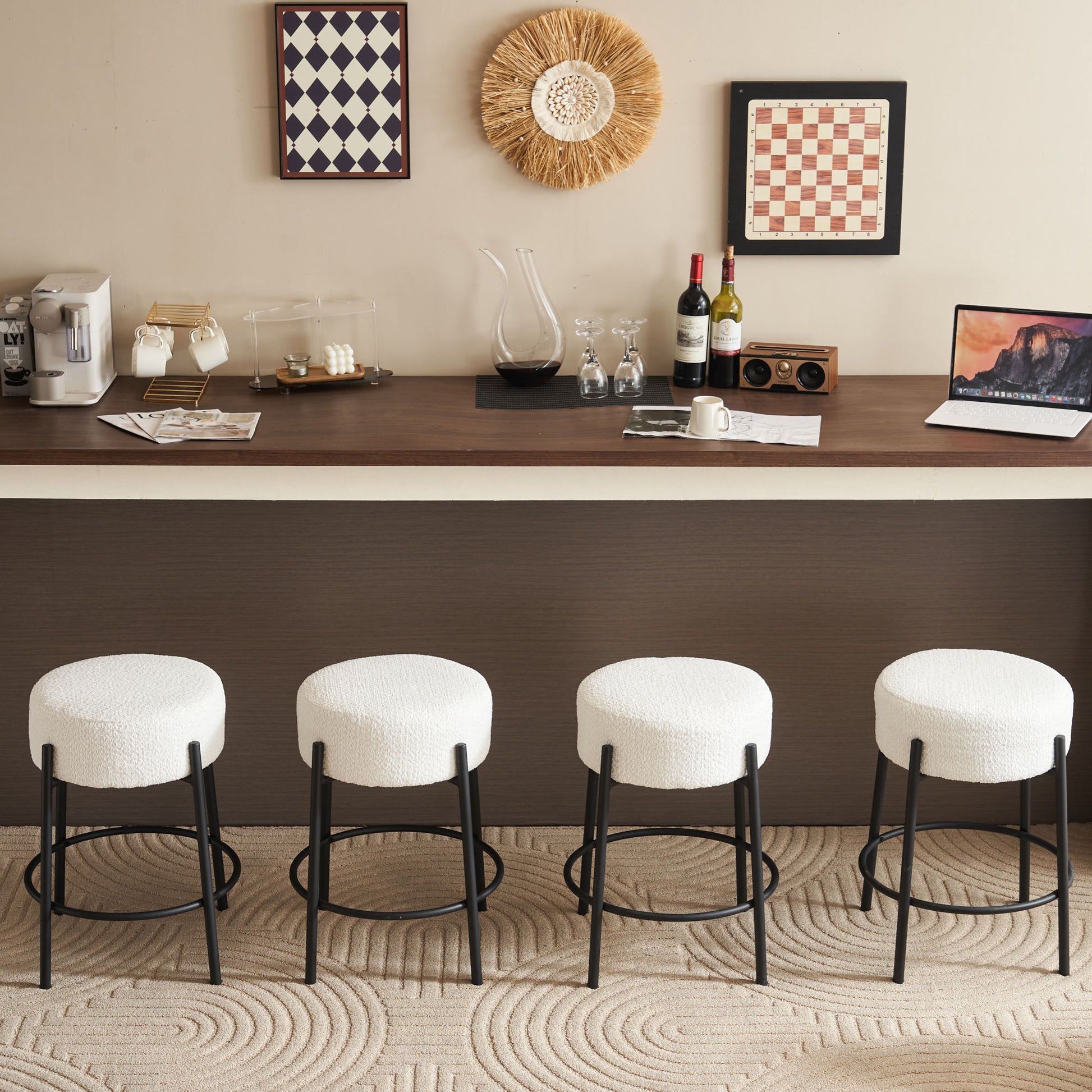 24" Tall, Round Bar Stools, Set Of 2 Contemporary Upholstered Dining Stools For Kitchens, Coffee Shops And Bar Stores Includes Sturdy Hardware Support Legs Beige Foam