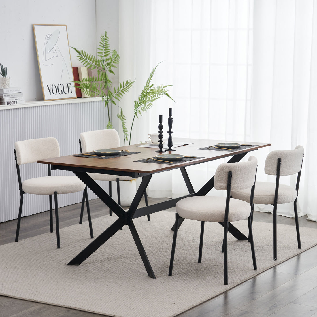 Set Of 2 Mid Century Modern Dining Chairs Teddy Fabric Upholstered Curved Back Metal Frame Beige Elegant And Comfortable Kitchen Chairs Beige Metal