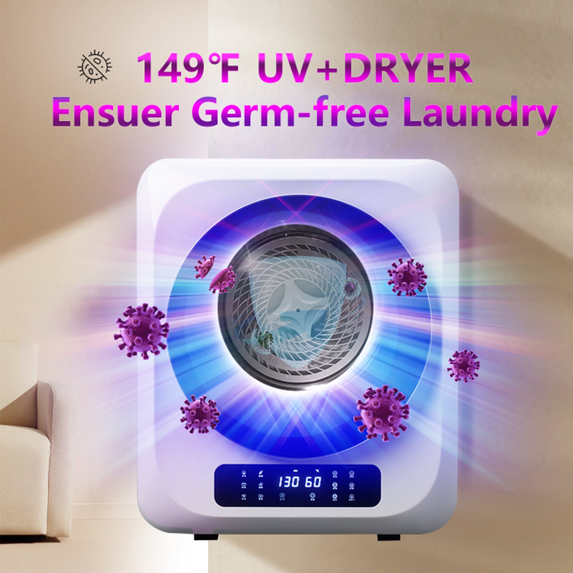 6.6Lbs Portable Mini Cloth Dryer Machine Fcc Certificate Ptc Heating Tumble Dryer Electric Control Panel,White Body With Glass Door,120V 850W,For Home Apartment Dorms,Uv Sterilizaiton,Digital Display White Abs Steel Q235