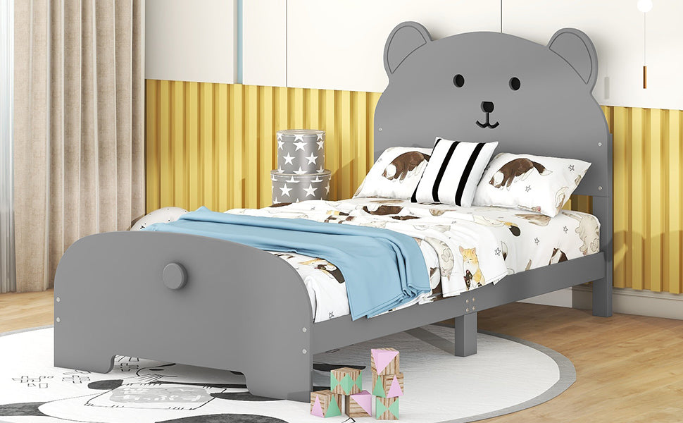 Twin Size Wood Platform Bed With Bear Shaped Headboard And Footboard,Gray Gray Wood