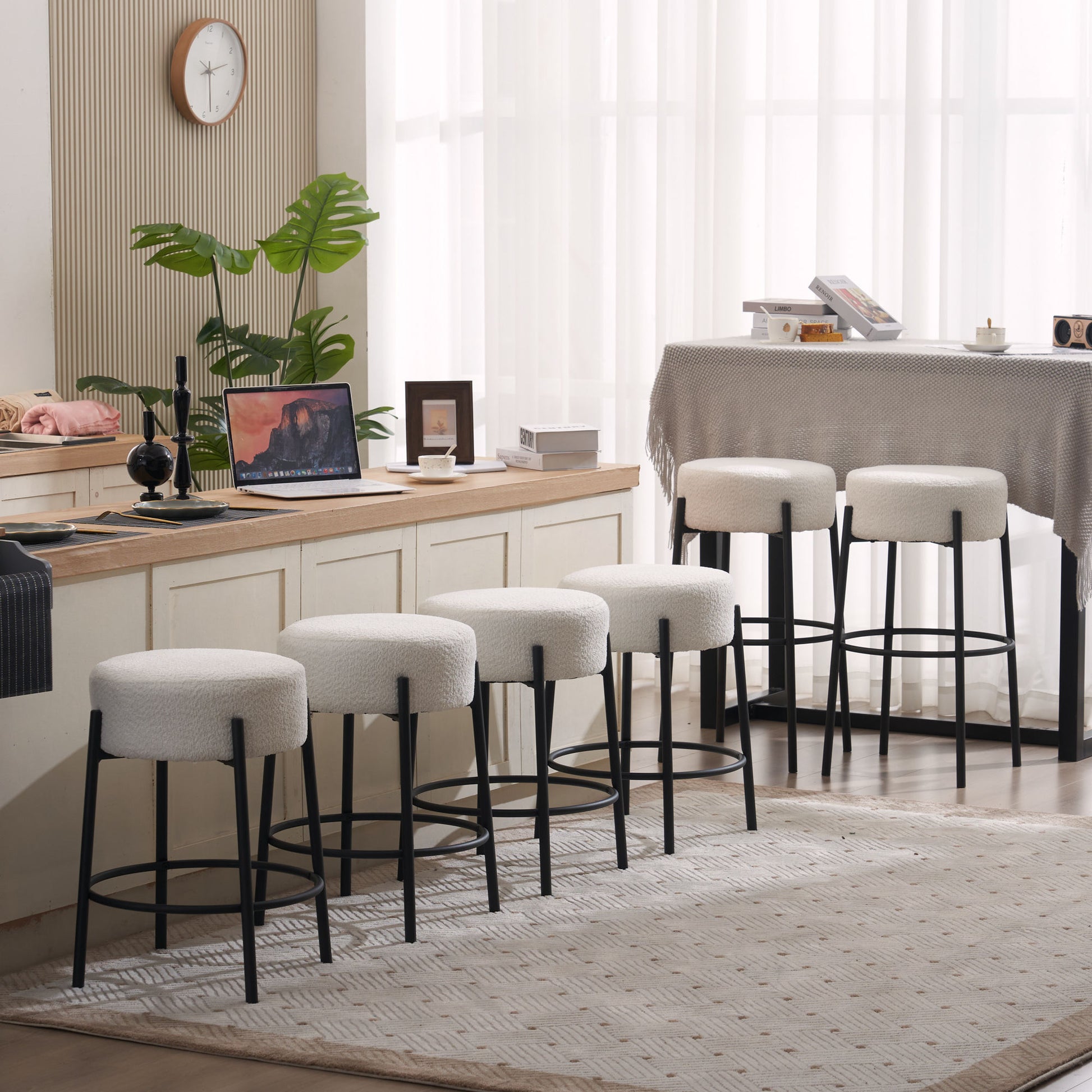 30" Tall, Round High Bar Stools, Set Of 2 Contemporary Upholstered Dining Stools For Kitchens, Coffee Shops And Bar Stores Includes Sturdy Hardware Support Legs Beige Foam