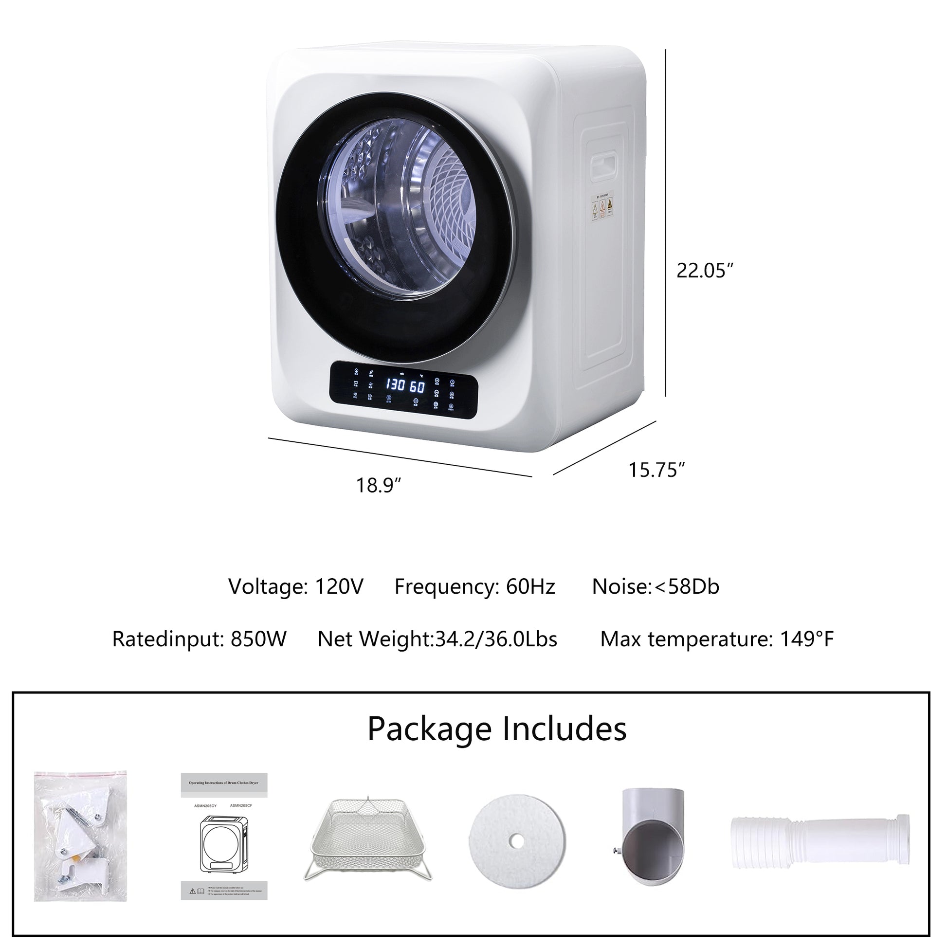 6.6Lbs Portable Mini Cloth Dryer Machine Fcc Certificate Ptc Heating Tumble Dryer Electric Control Panel,White Body With Glass Door,120V 850W,For Home Apartment Dorms,Uv Sterilizaiton,Digital Display White Abs Steel Q235