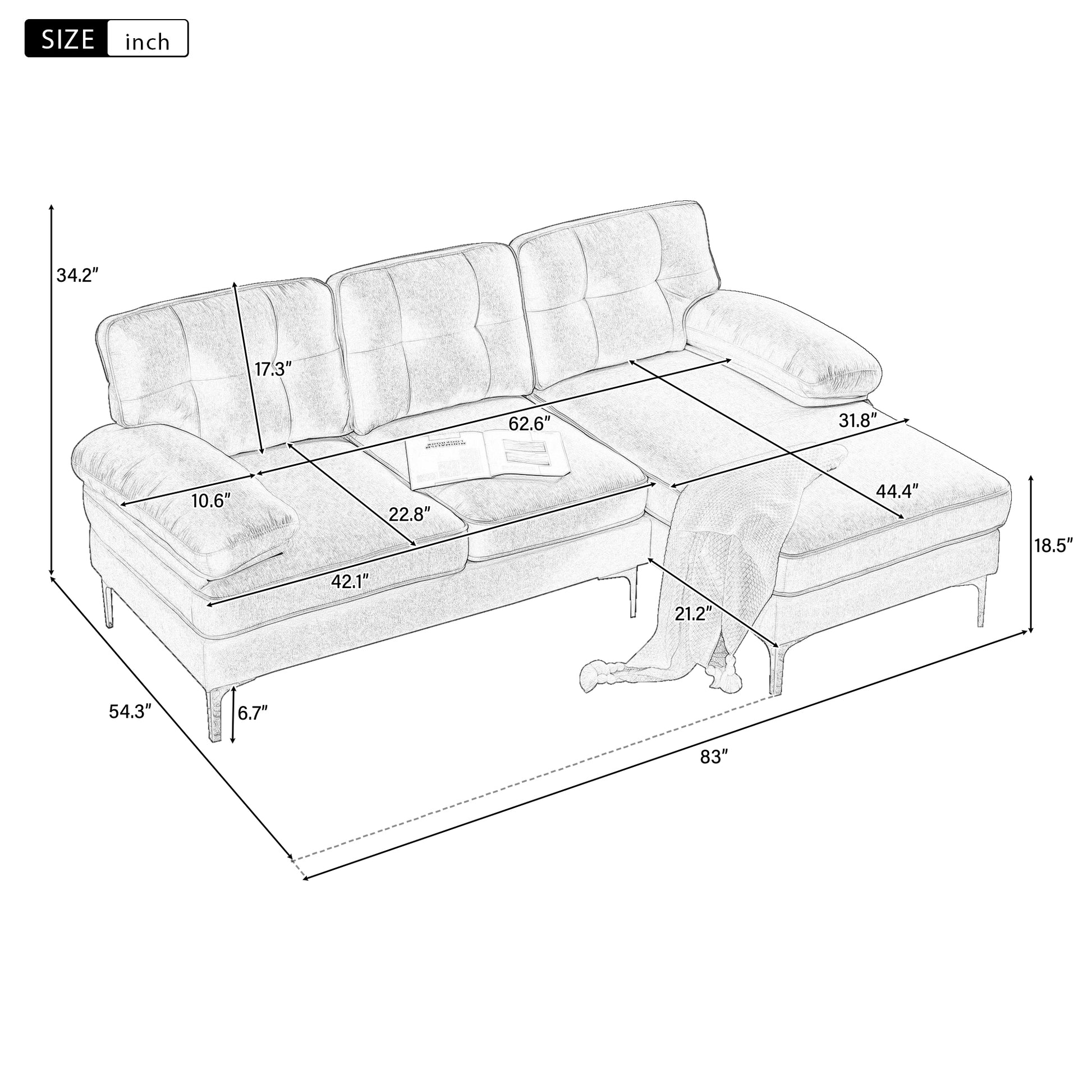 83" Modern Sectional Sofas Couches Velvet L Shaped Couches For Living Room, Bedroom, Brown Brown Foam Velvet