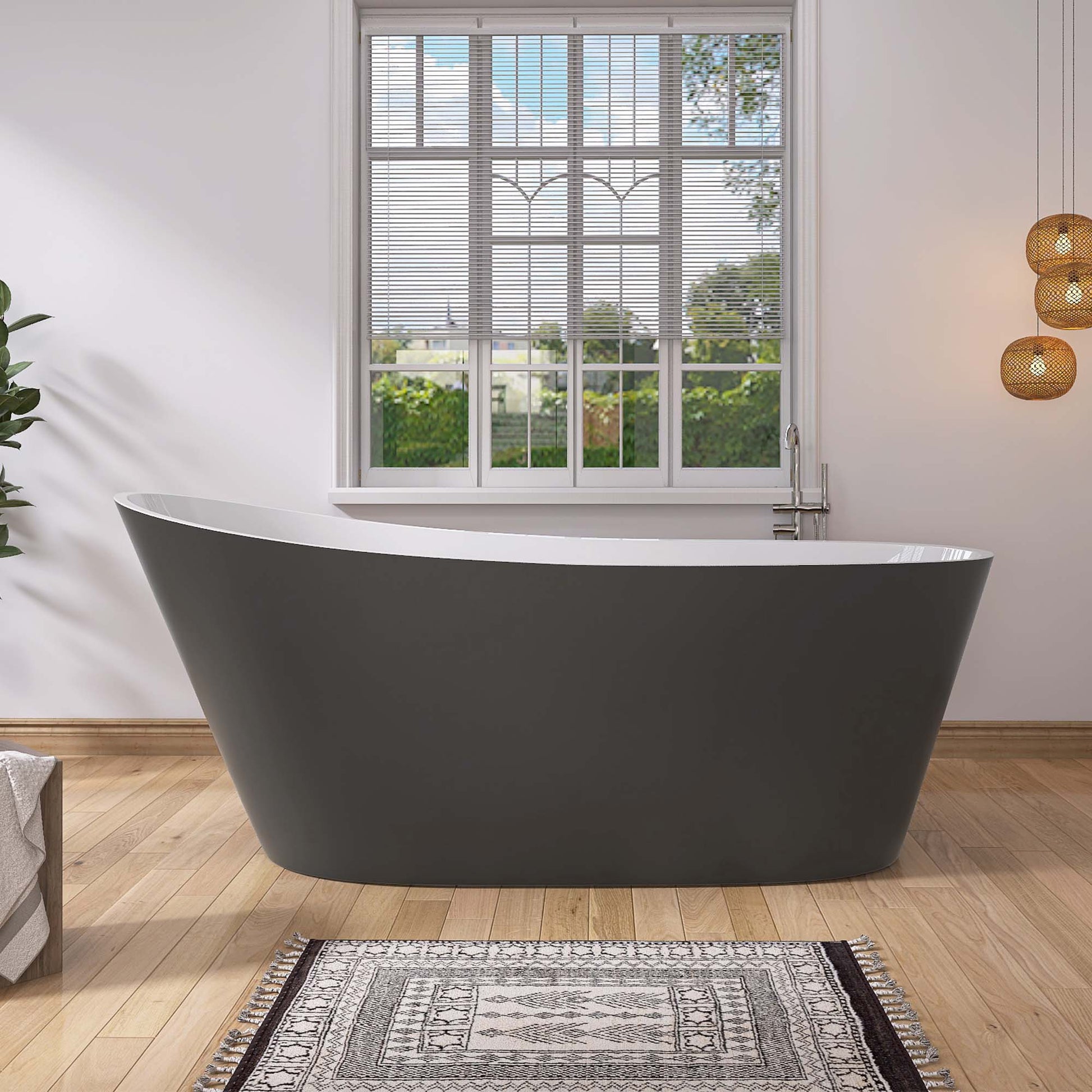 59" Acrylic Freestanding Bathtub Matte Grey Modern Stand Alone Soaking Bathtub, Brushed Nickel Drain And Minimalist Linear Design Overflow Included White Gray Oval Bathroom Freestanding Tubs Matte 59 61 In Contemporary,Modern,Vintage Soaking Center Front
