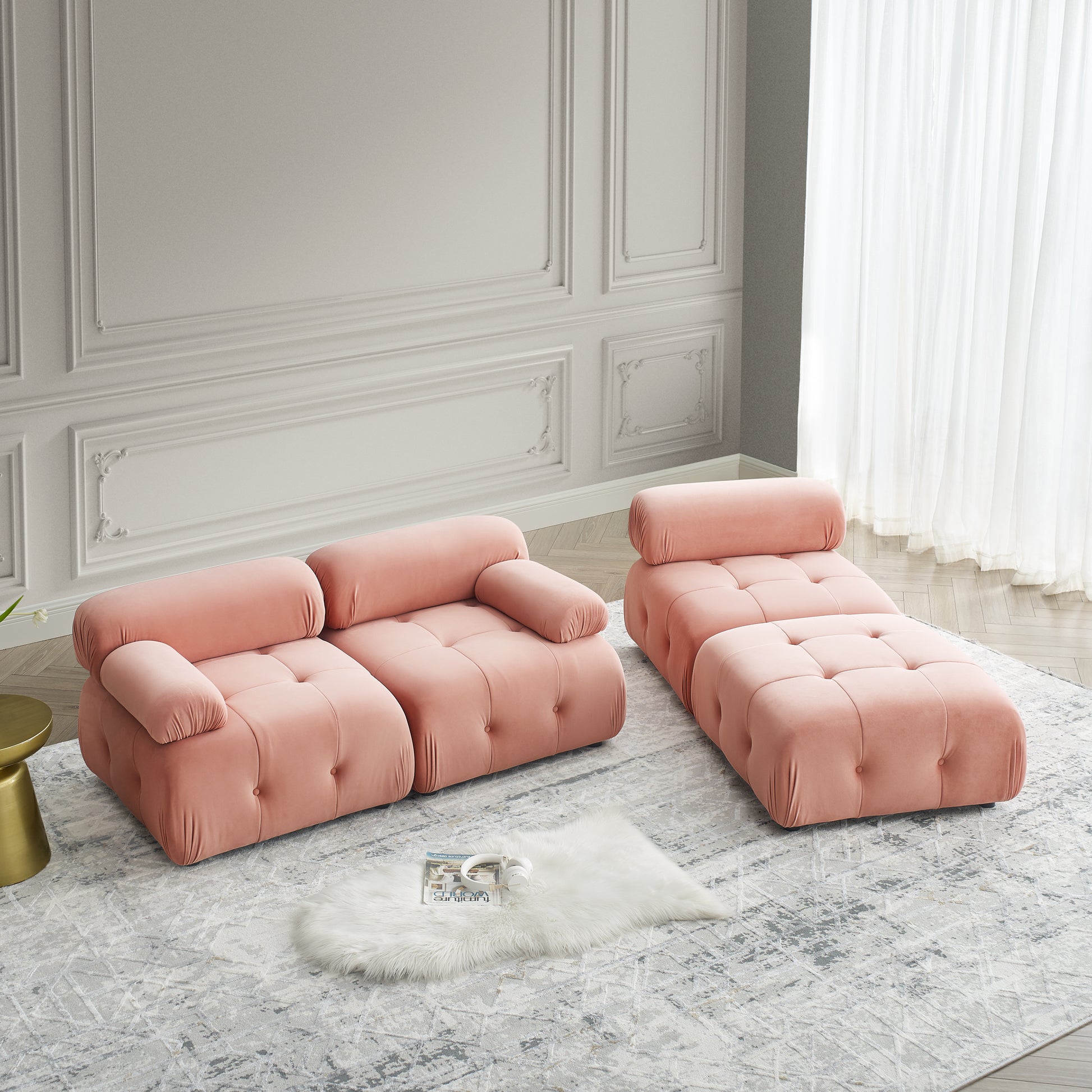 Modular Sectional Sofa, Button Tufted Designed And Diy Combination,L Shaped Couch With Reversible Ottoman, Pink Velvet Pink Velvet Wood Soft Tight Back Eucalyptus Pillow Top Arms Foam Spring