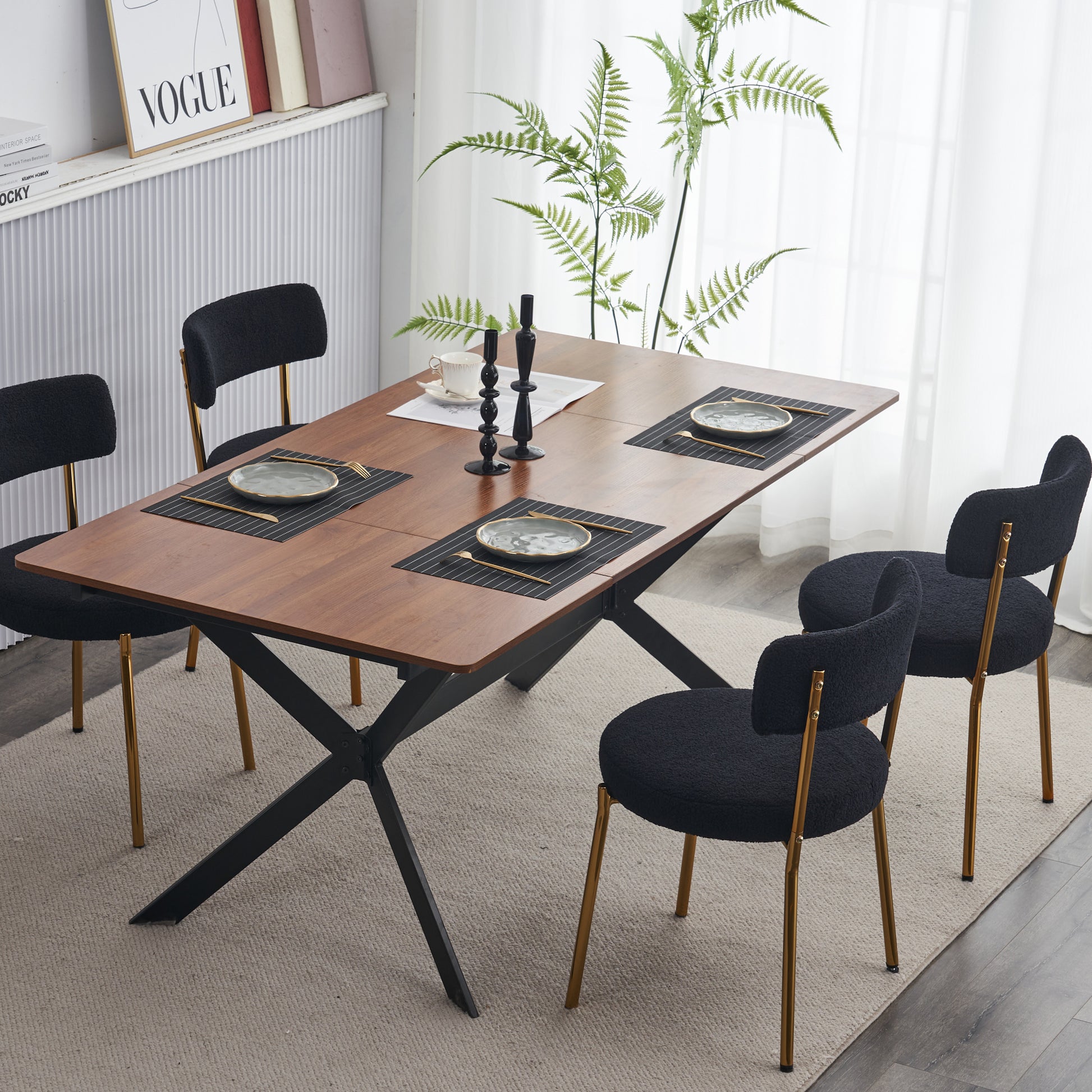 Set Of 2 Mid Century Modern Dining Chairs Teddy Fabric Upholstery Curved Back Metal Frame Black Elegant And Comfortable Kitchen Chairs Black Metal