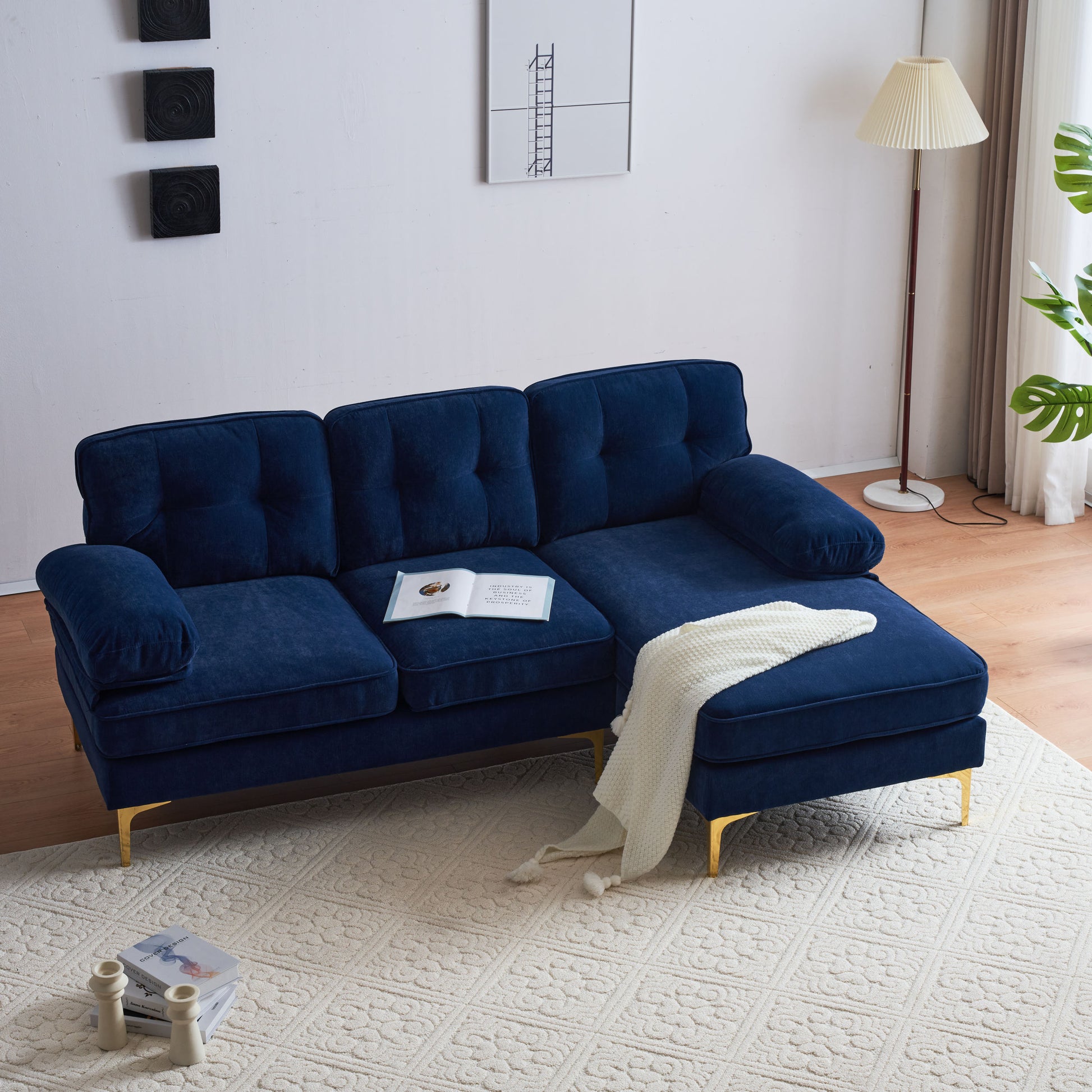 83" Modern Sectional Sofas Couches Velvet L Shaped Couches For Living Room, Bedroom, Blue Blue Foam Velvet