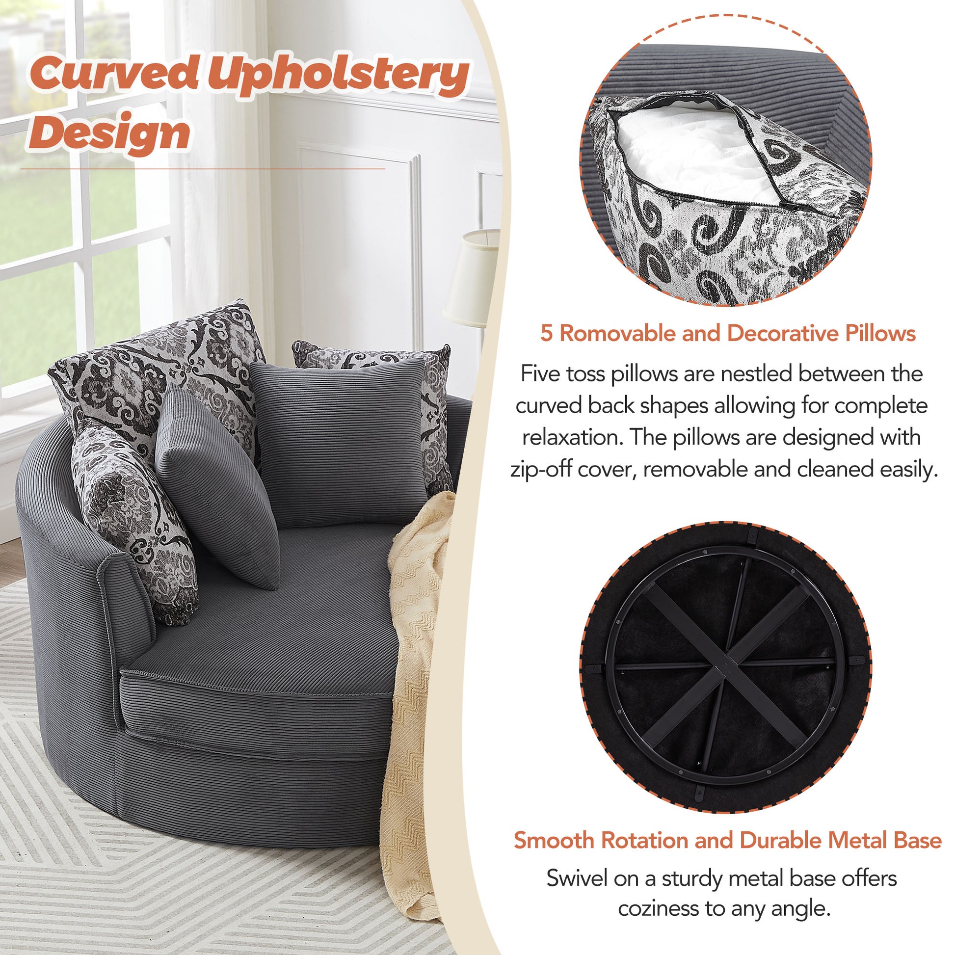 Swivel Accent Barrel Chair With 5 Movable Pillow 360 Degree Swivel Round Sofa Chair For Living Room,Bedroom, Hotel, Grey Grey Foam Corduroy