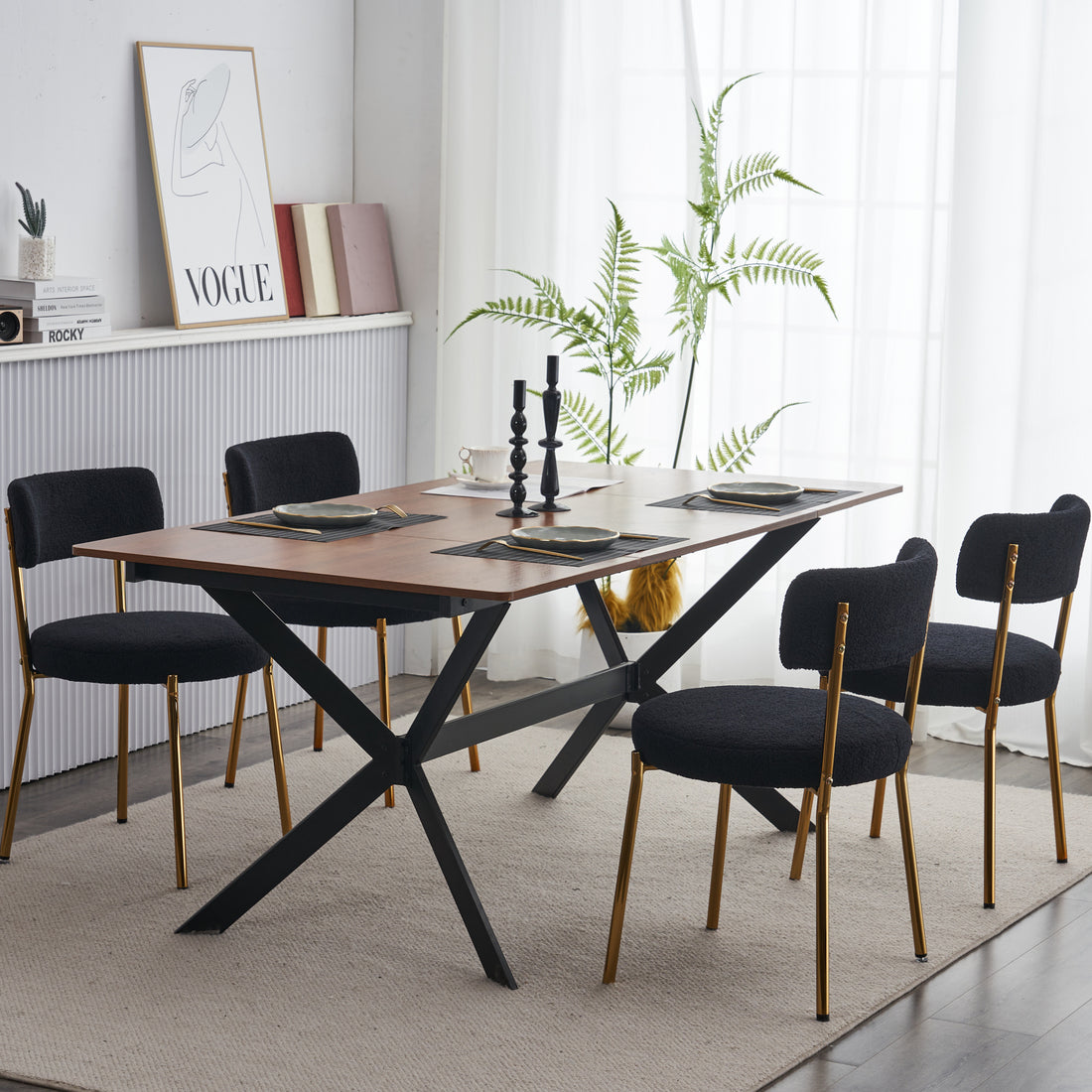 Set Of 2 Mid Century Modern Dining Chairs Teddy Fabric Upholstery Curved Back Metal Frame Black Elegant And Comfortable Kitchen Chairs Black Metal
