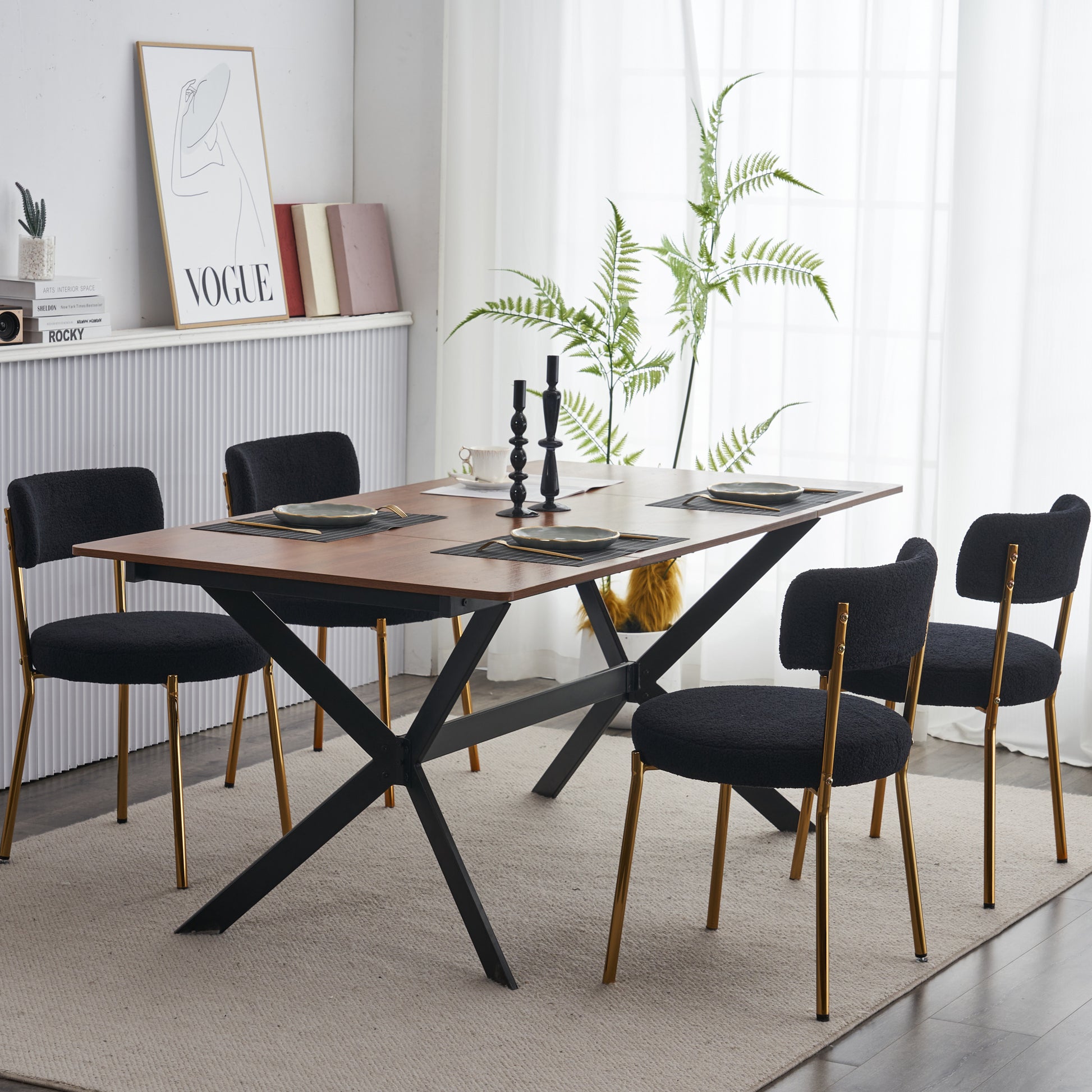 Set Of 2 Mid Century Modern Dining Chairs Teddy Fabric Upholstery Curved Back Metal Frame Black Elegant And Comfortable Kitchen Chairs Black Metal