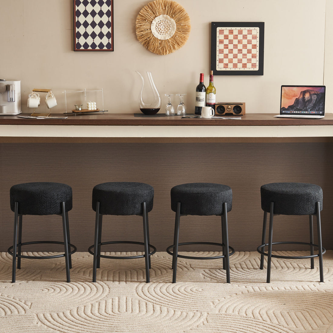 24" Tall, Round Bar Stools, Set Of 2 Contemporary Upholstered Dining Stools For Kitchens, Coffee Shops And Bar Stores Includes Sturdy Hardware Support Legs Black Foam