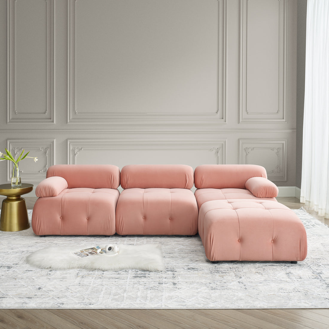 Modular Sectional Sofa, Button Tufted Designed And Diy Combination,L Shaped Couch With Reversible Ottoman, Pink Velvet Pink Velvet Wood Soft Tight Back Eucalyptus Pillow Top Arms Foam Spring