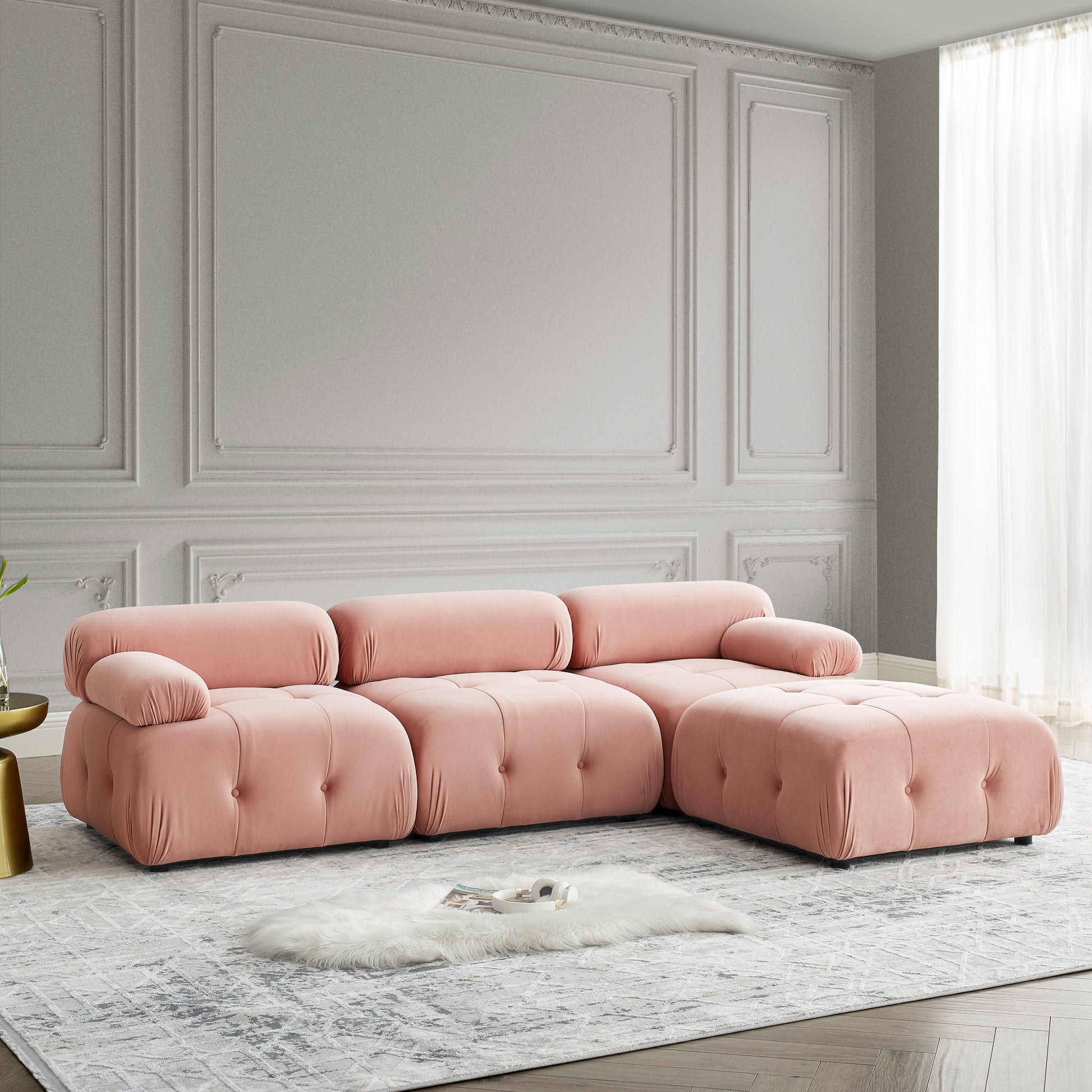 Modular Sectional Sofa, Button Tufted Designed And Diy Combination,L Shaped Couch With Reversible Ottoman, Pink Velvet Pink Velvet Wood Soft Tight Back Eucalyptus Pillow Top Arms Foam Spring