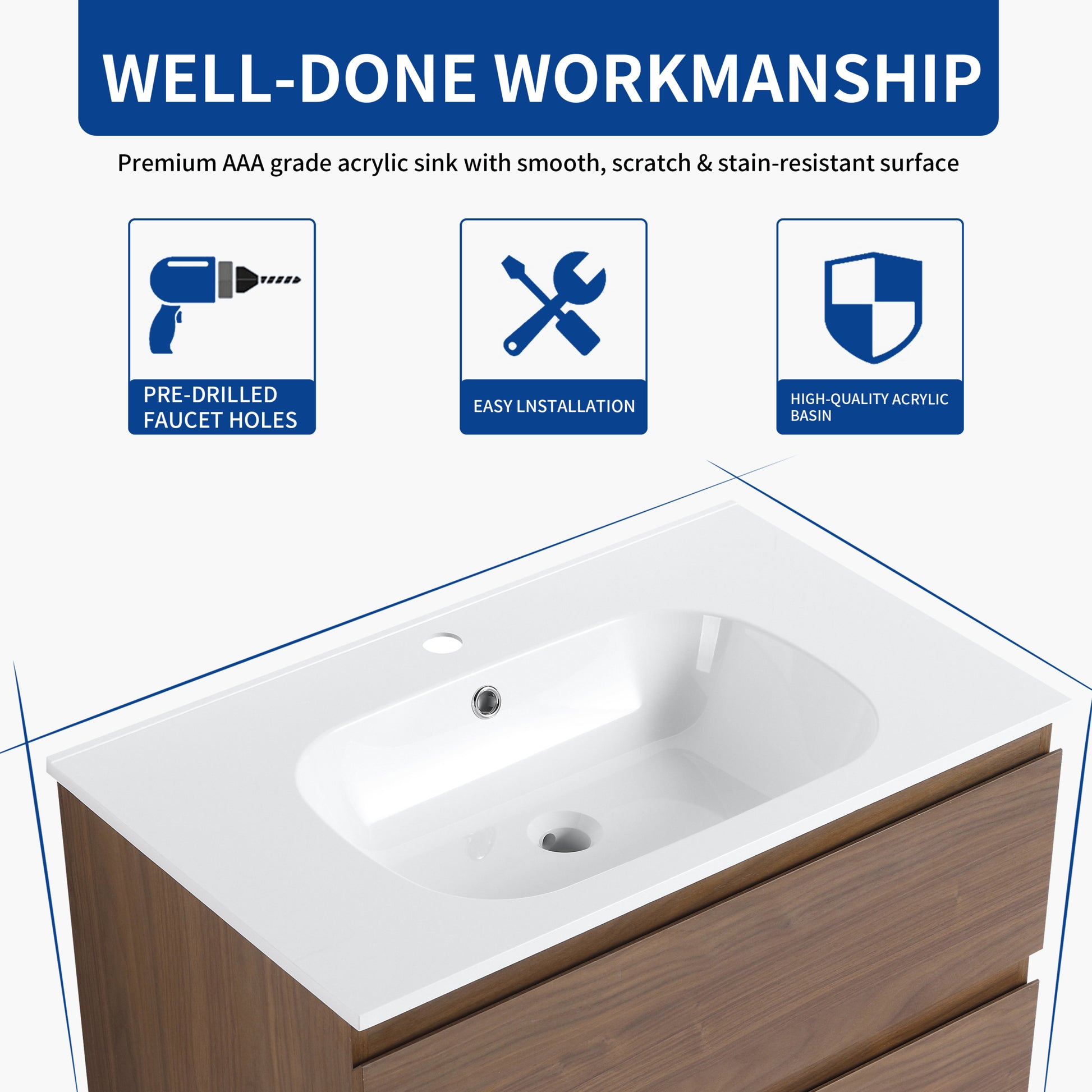 30" Bathroom Vanity With Gel Basin Top, Soft Close Drawer Brown Oak Plywood