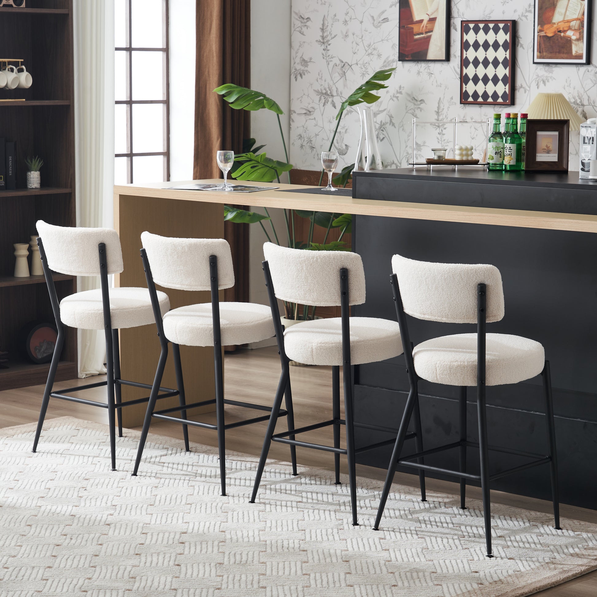 Set Of 4 Modern Teddy Fabric Upholstered Bar Stools Metal Base High Stool Suitable For Kitchen, Dining And Living Room Beige Stylish And Comfortable Island Seating Beige Metal