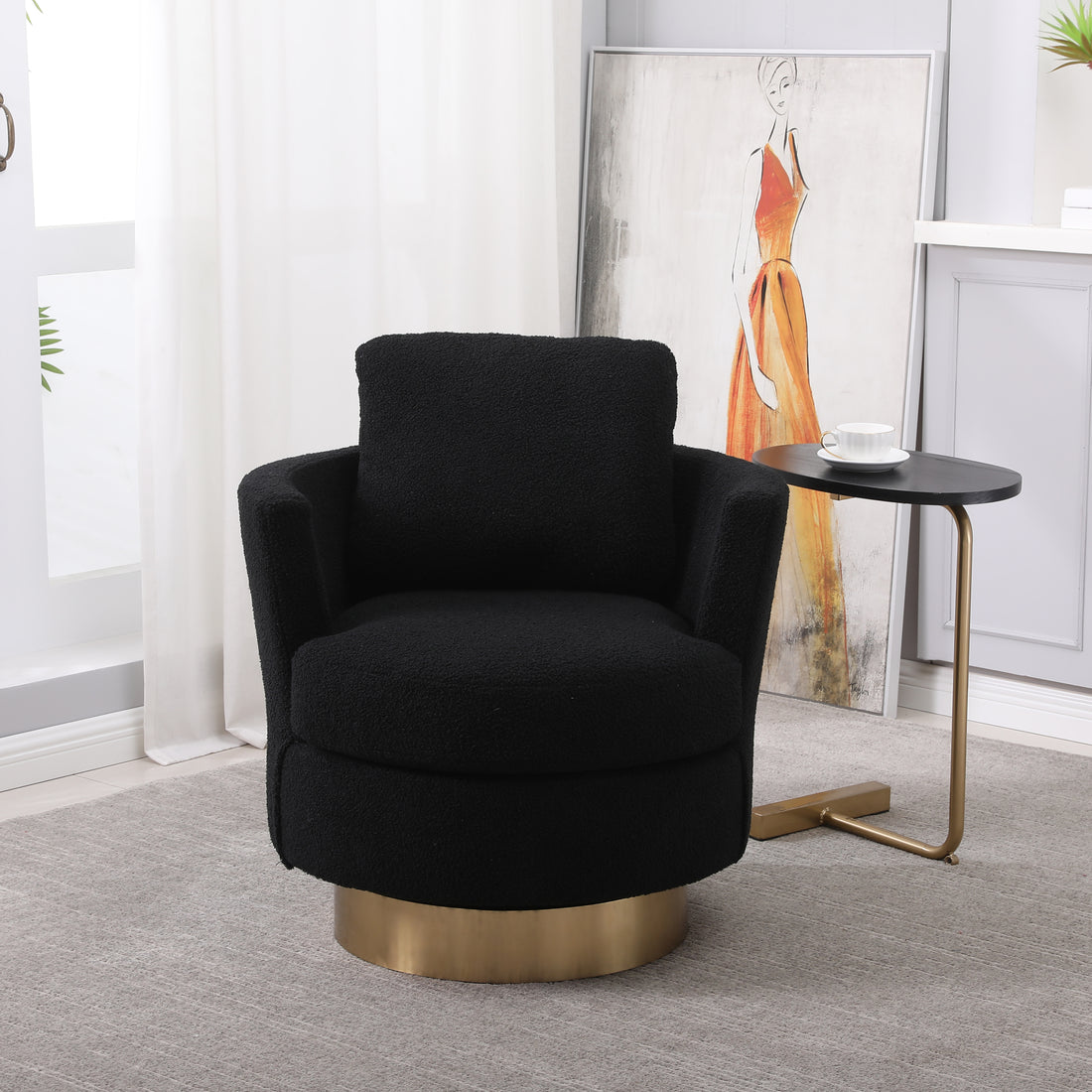 Teddy Swivel Barrel Chair, Swivel Accent Chairs Armchair For Living Room, Reading Chairs For Bedroom Comfy, Round Barrel Chairs With Gold Stainless Steel Base Black Black Primary Living Space American Design Foam Faux Fur