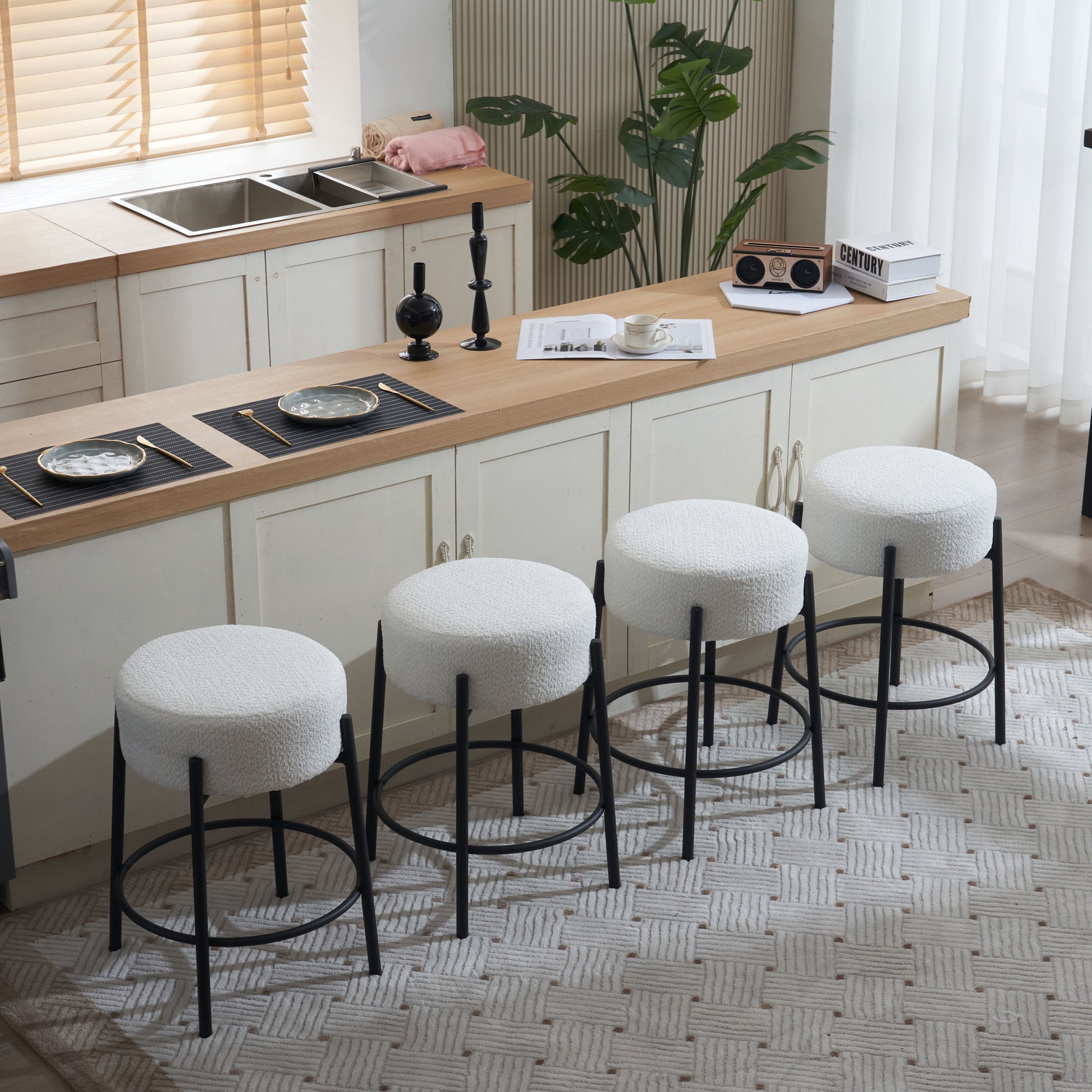 24" Tall, Round Bar Stools, Set Of 2 Contemporary Upholstered Dining Stools For Kitchens, Coffee Shops And Bar Stores Includes Sturdy Hardware Support Legs Beige Foam