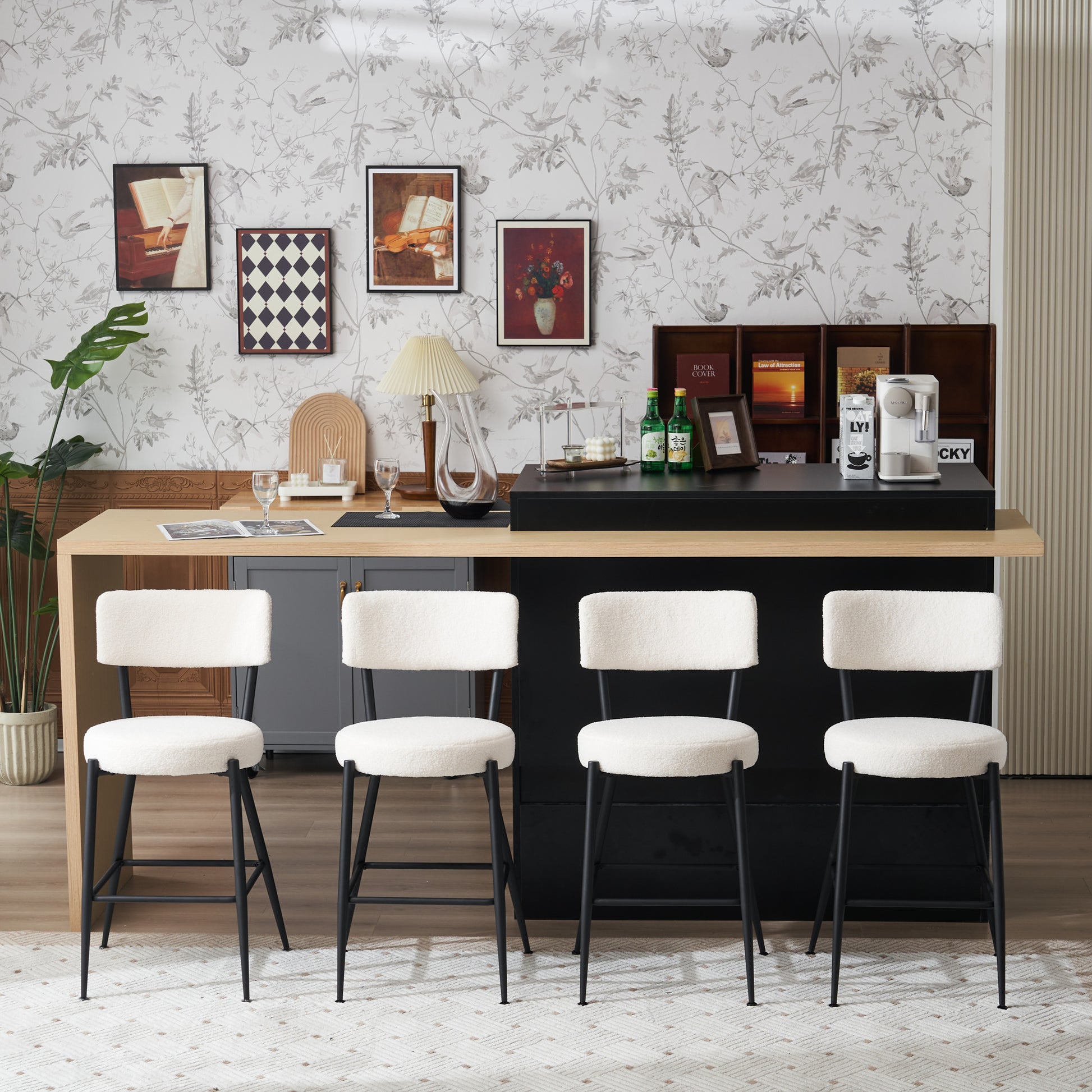Set Of 4 Modern Teddy Fabric Upholstered Bar Stools Metal Base High Stool Suitable For Kitchen, Dining And Living Room Beige Stylish And Comfortable Island Seating Beige Metal