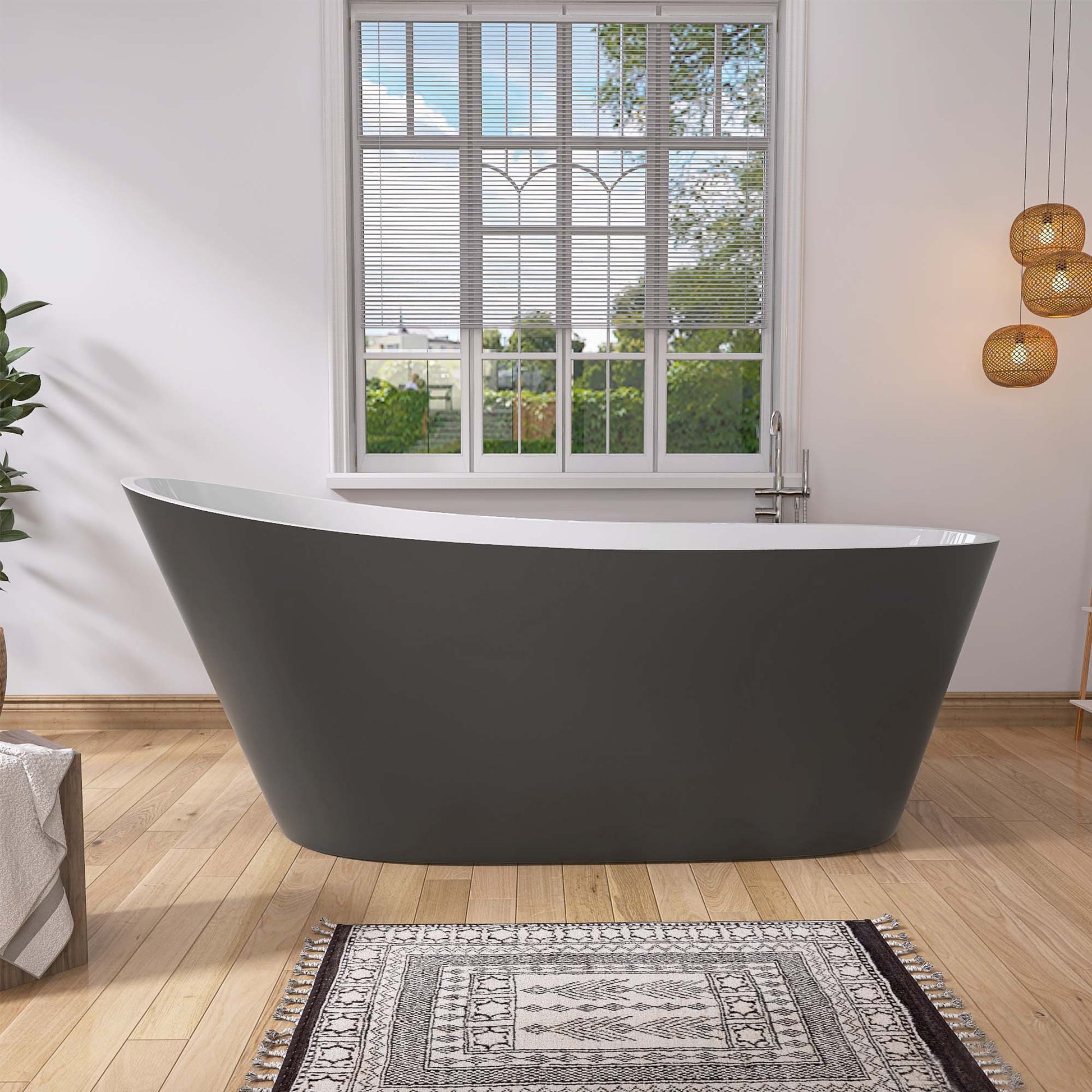 59" Acrylic Freestanding Bathtub Matte Grey Modern Stand Alone Soaking Bathtub, Brushed Nickel Drain And Minimalist Linear Design Overflow Included White Gray Oval Bathroom Freestanding Tubs Matte 59 61 In Contemporary,Modern,Vintage Soaking Center Front