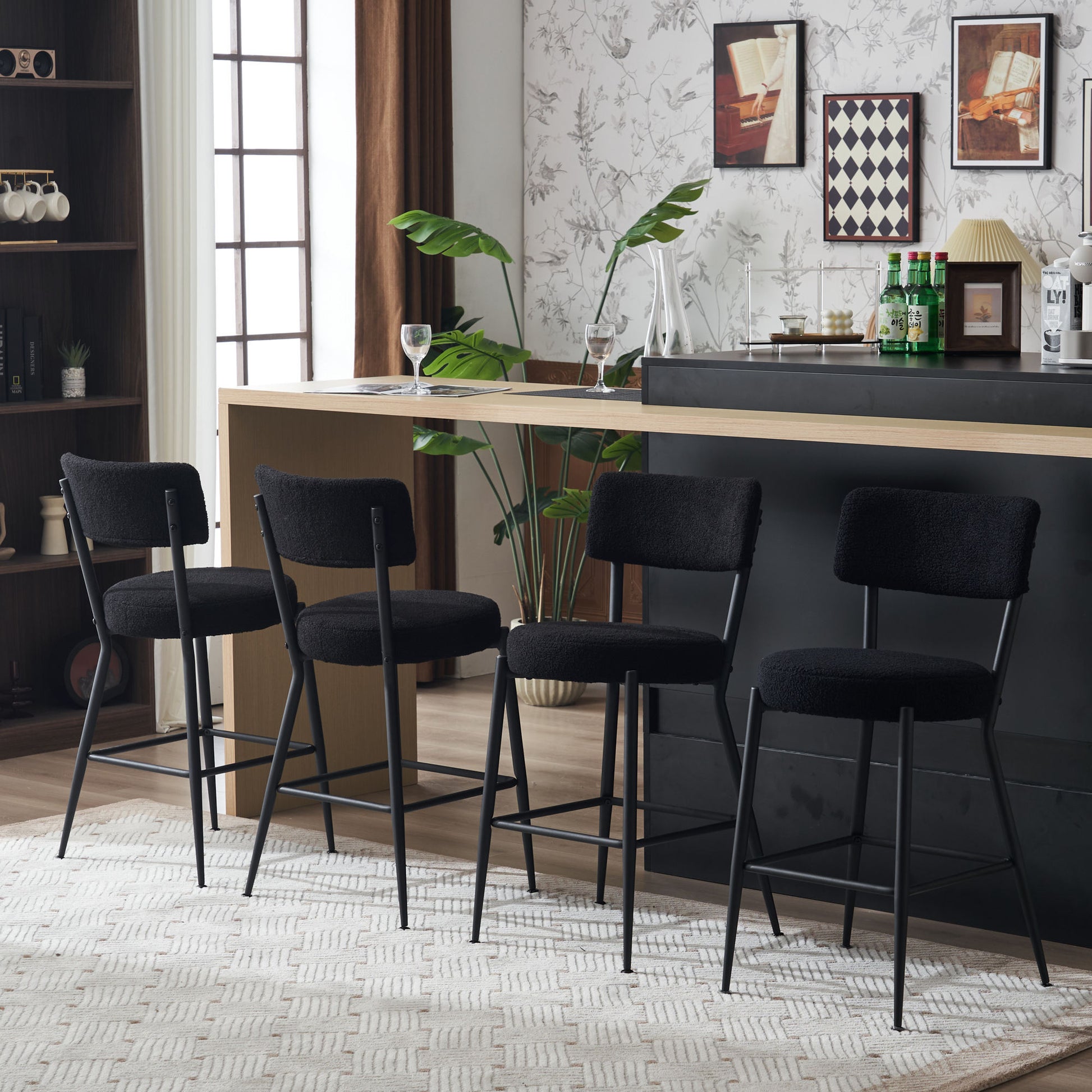 Set Of 2 Modern Teddy Fabric Upholstered Bar Stools Metal Base High Stool Suitable For Kitchen, Dining And Living Room Black Stylish And Comfortable Island Seating Black Metal