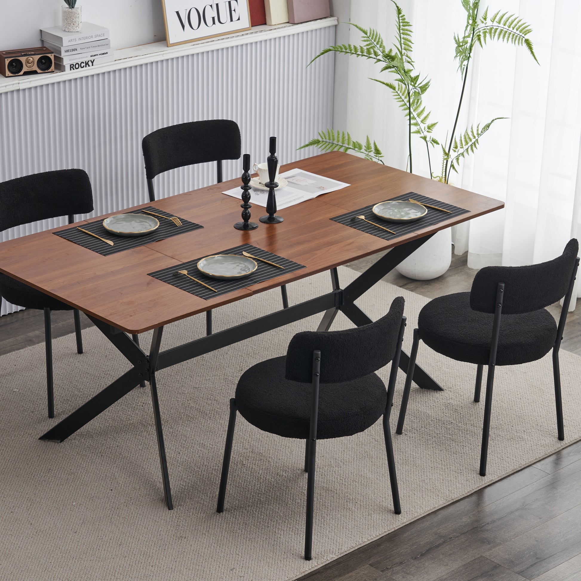 Set Of 2 Mid Century Modern Dining Chairs Teddy Fabric Upholstery Curved Back Metal Frame Black Elegant And Comfortable Kitchen Chairs Black Metal