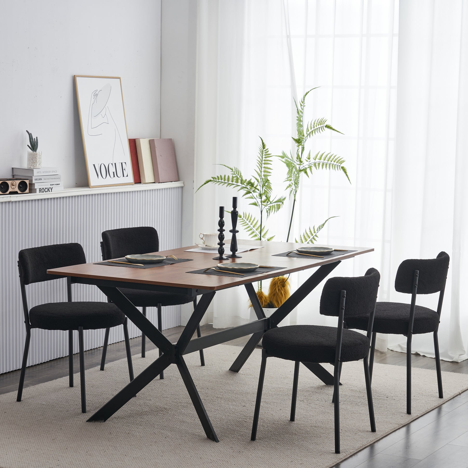 Set Of 2 Mid Century Modern Dining Chairs Teddy Fabric Upholstery Curved Back Metal Frame Black Elegant And Comfortable Kitchen Chairs Black Metal