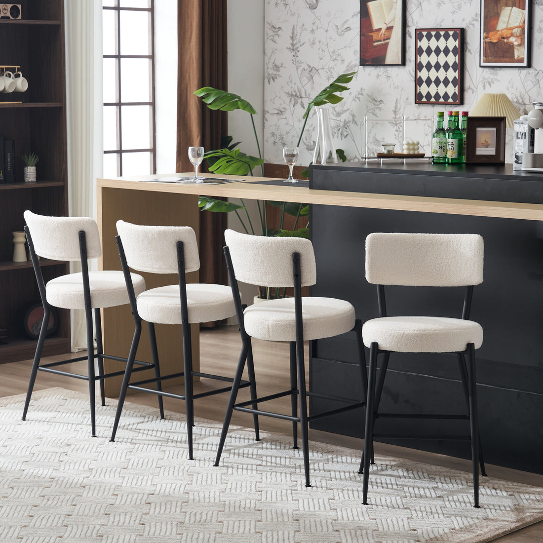Set Of 2 Modern Teddy Fabric Upholstered Bar Stools Metal Base High Stool Suitable For Kitchen, Dining And Living Room Beige Stylish And Comfortable Island Seating Beige Metal