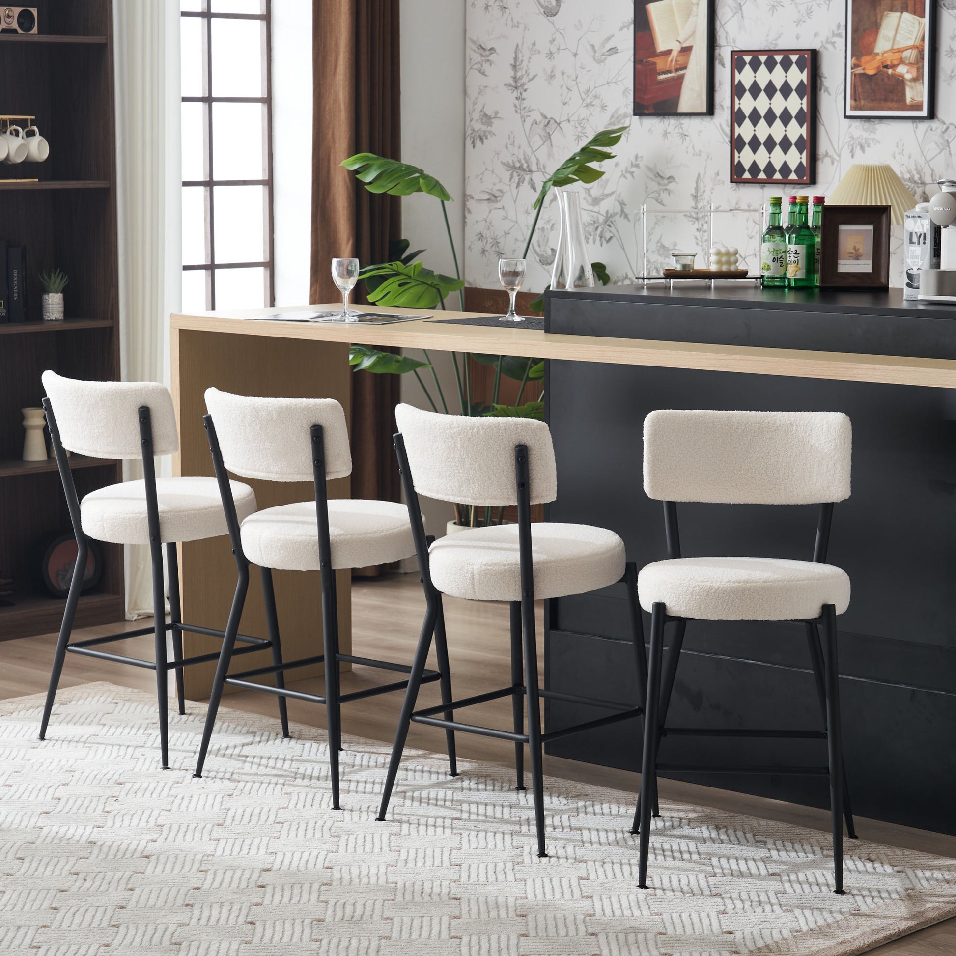 Set Of 2 Modern Teddy Fabric Upholstered Bar Stools Metal Base High Stool Suitable For Kitchen, Dining And Living Room Beige Stylish And Comfortable Island Seating Beige Metal