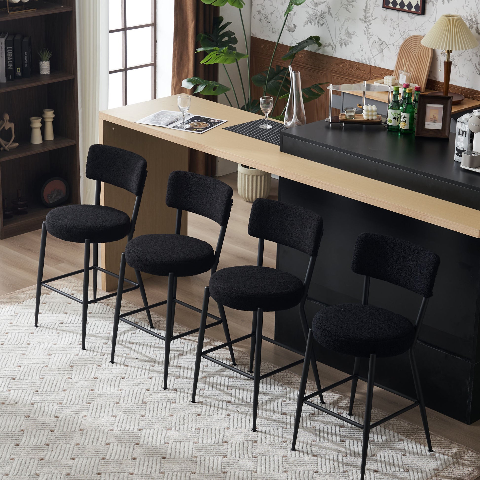 Set Of 2 Modern Teddy Fabric Upholstered Bar Stools Metal Base High Stool Suitable For Kitchen, Dining And Living Room Black Stylish And Comfortable Island Seating Black Metal