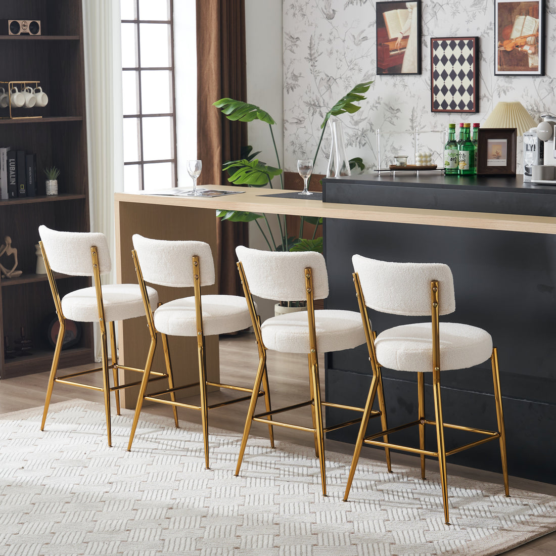 Set Of 2 Modern Teddy Fabric Upholstered Bar Stools Metal Base High Stool Suitable For Kitchen, Dining And Living Room Beige Stylish And Comfortable Island Seating Beige Metal