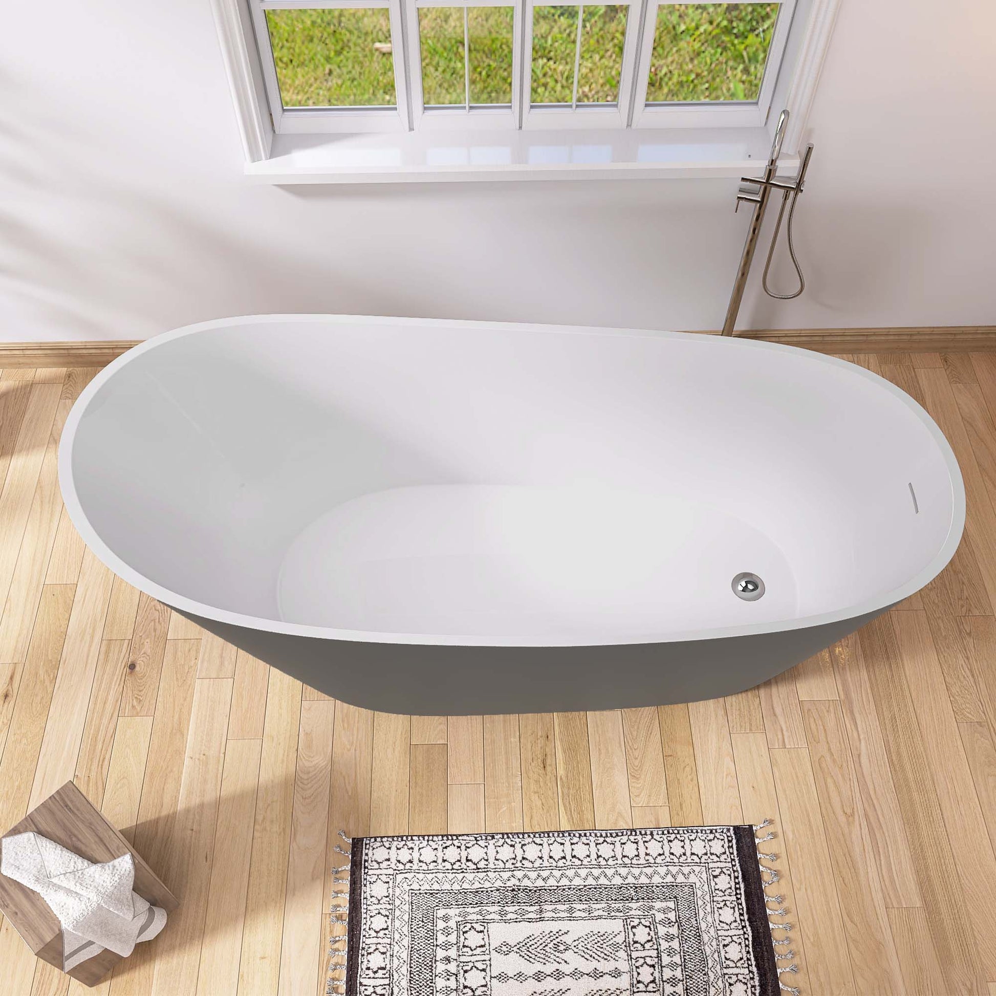 59" Acrylic Freestanding Bathtub Matte Grey Modern Stand Alone Soaking Bathtub, Brushed Nickel Drain And Minimalist Linear Design Overflow Included White Gray Oval Bathroom Freestanding Tubs Matte 59 61 In Contemporary,Modern,Vintage Soaking Center Front
