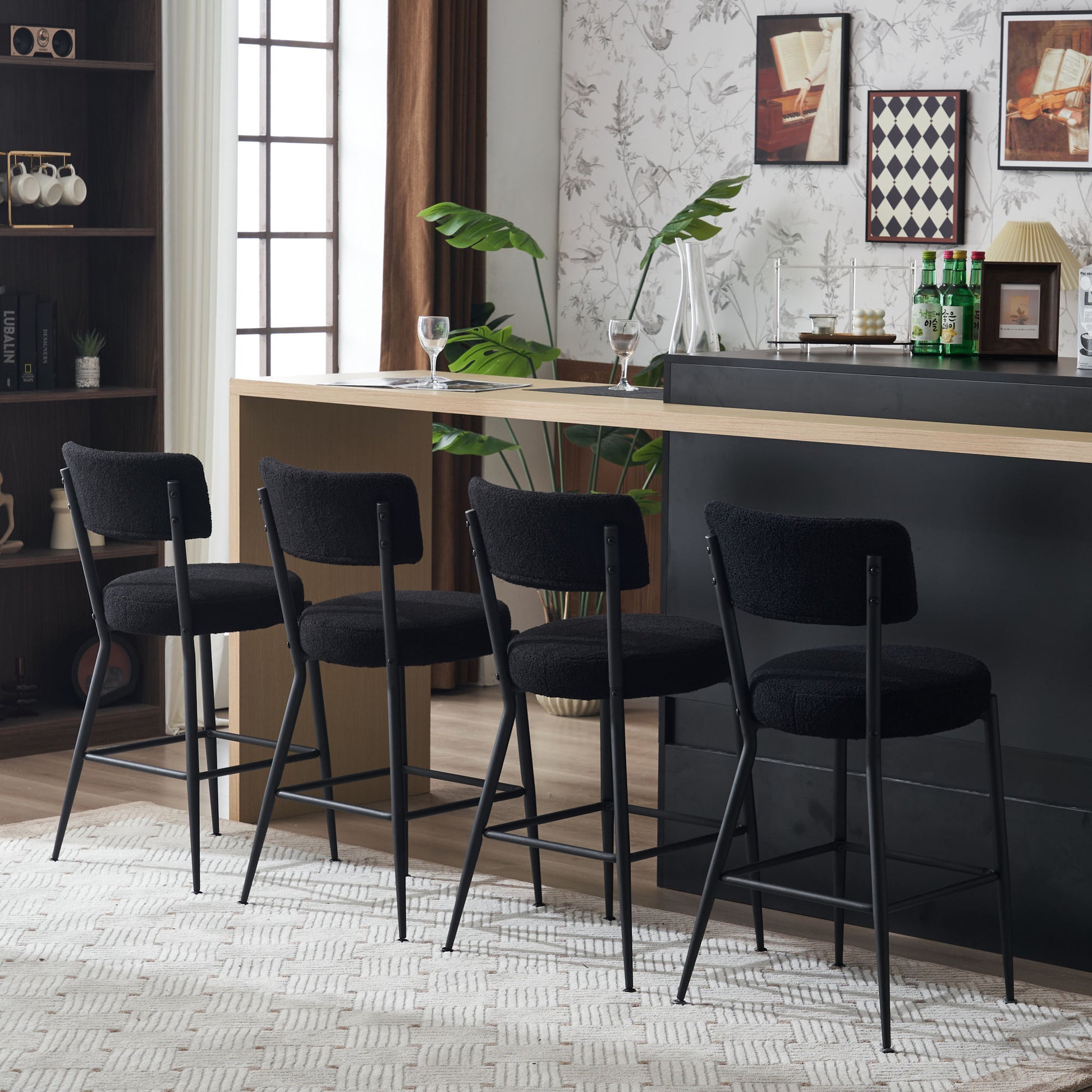Set Of 2 Modern Teddy Fabric Upholstered Bar Stools Metal Base High Stool Suitable For Kitchen, Dining And Living Room Black Stylish And Comfortable Island Seating Black Metal
