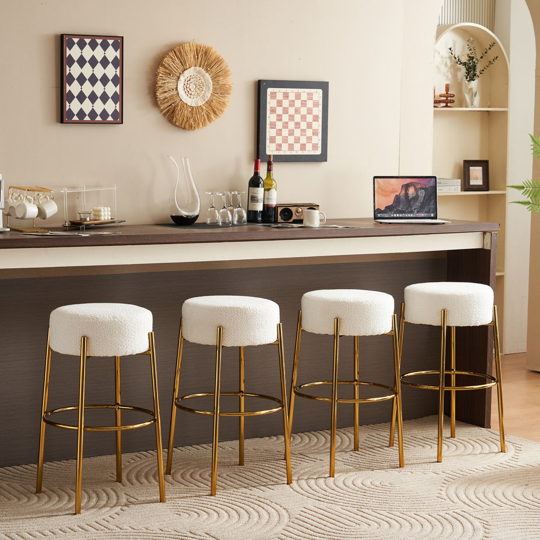 30" Tall, Round High Bar Stools, Set Of 2 Contemporary Upholstered Dining Stools For Kitchens, Coffee Shops And Bar Stores Includes Sturdy Hardware Support Legs Beige Foam
