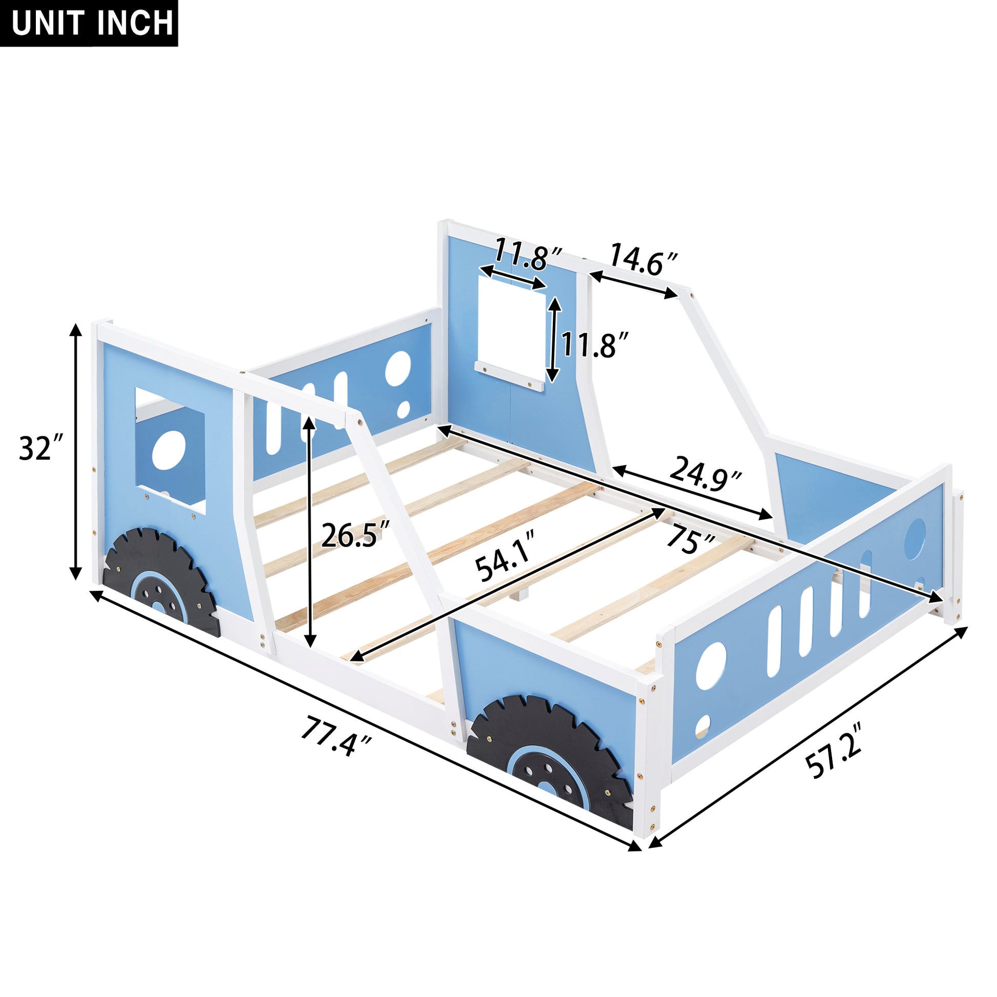 Full Size Classic Car Shaped Platform Bed With Wheels,Blue Blue Pine