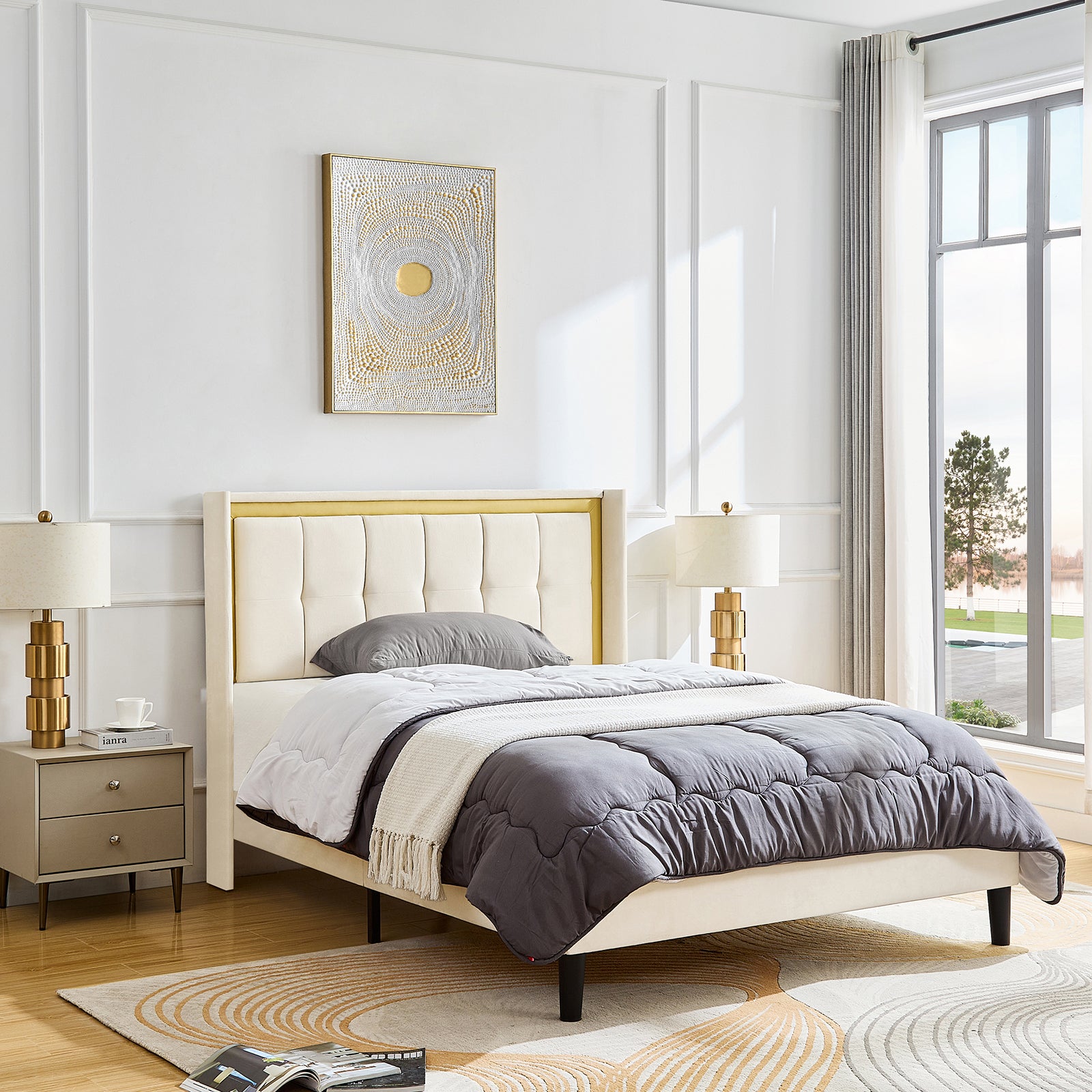 Queen Size Upholstered Bed With Headboard, Sturdy Wooden Slats, High Load Bearing Capacity, Non Slip And Noiseless, No Springs, Easy To Assemble, Beige White Wood