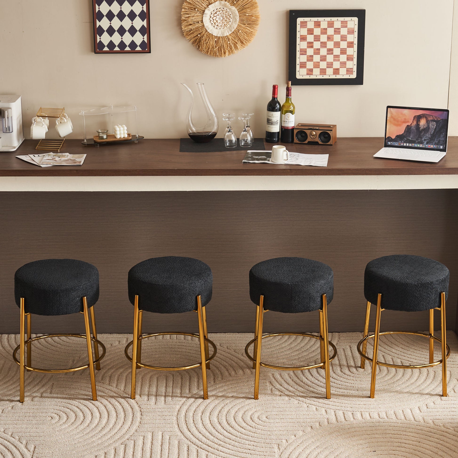 24" Tall, Round Bar Stools, Set Of 2 Contemporary Upholstered Dining Stools For Kitchens, Coffee Shops And Bar Stores Includes Sturdy Hardware Support Legs Black Foam